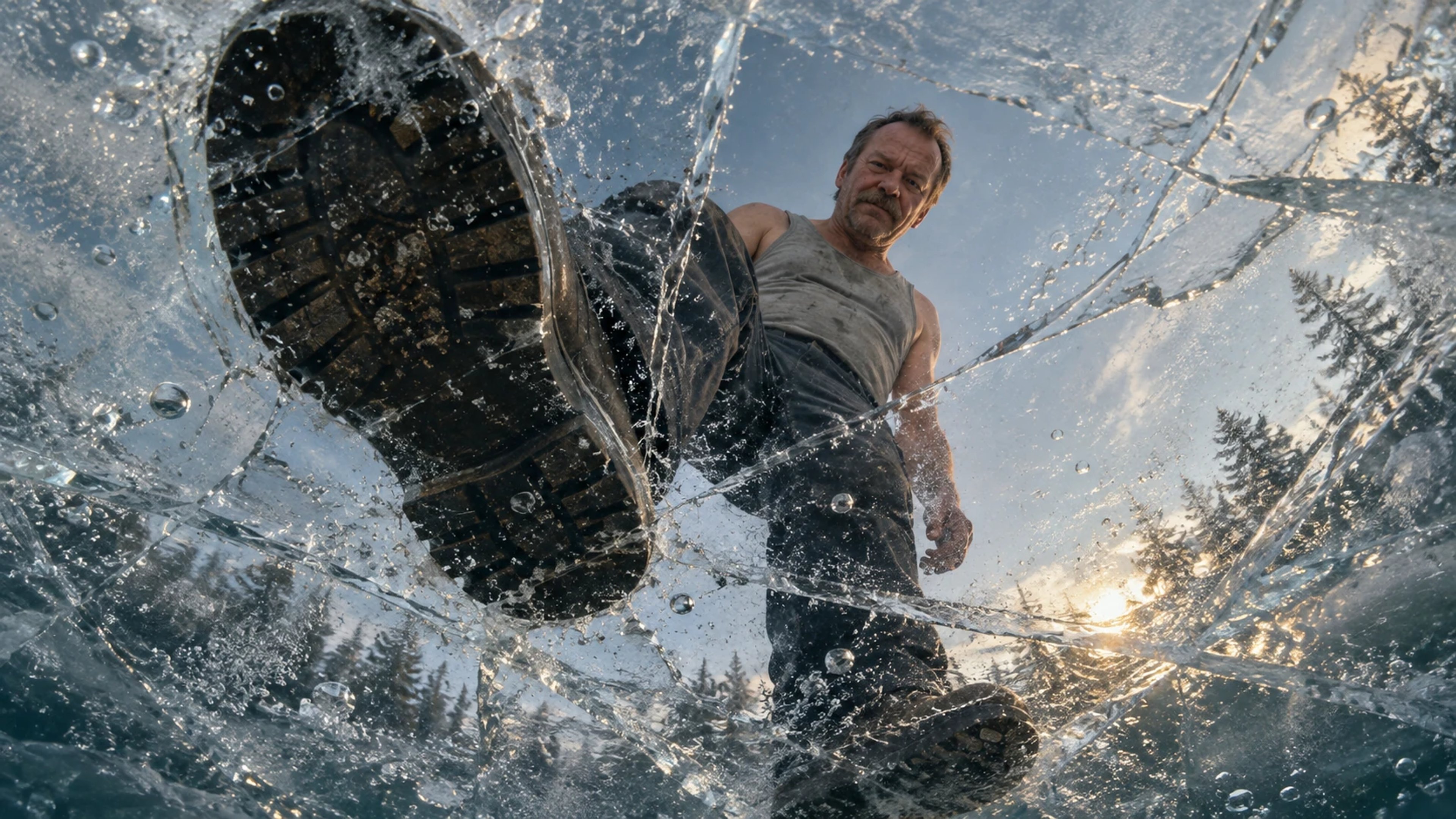 A worn black shoe sole and a man are seen from beneath cracked lake ice, with bubbles, blue shadows and winter sunlight.