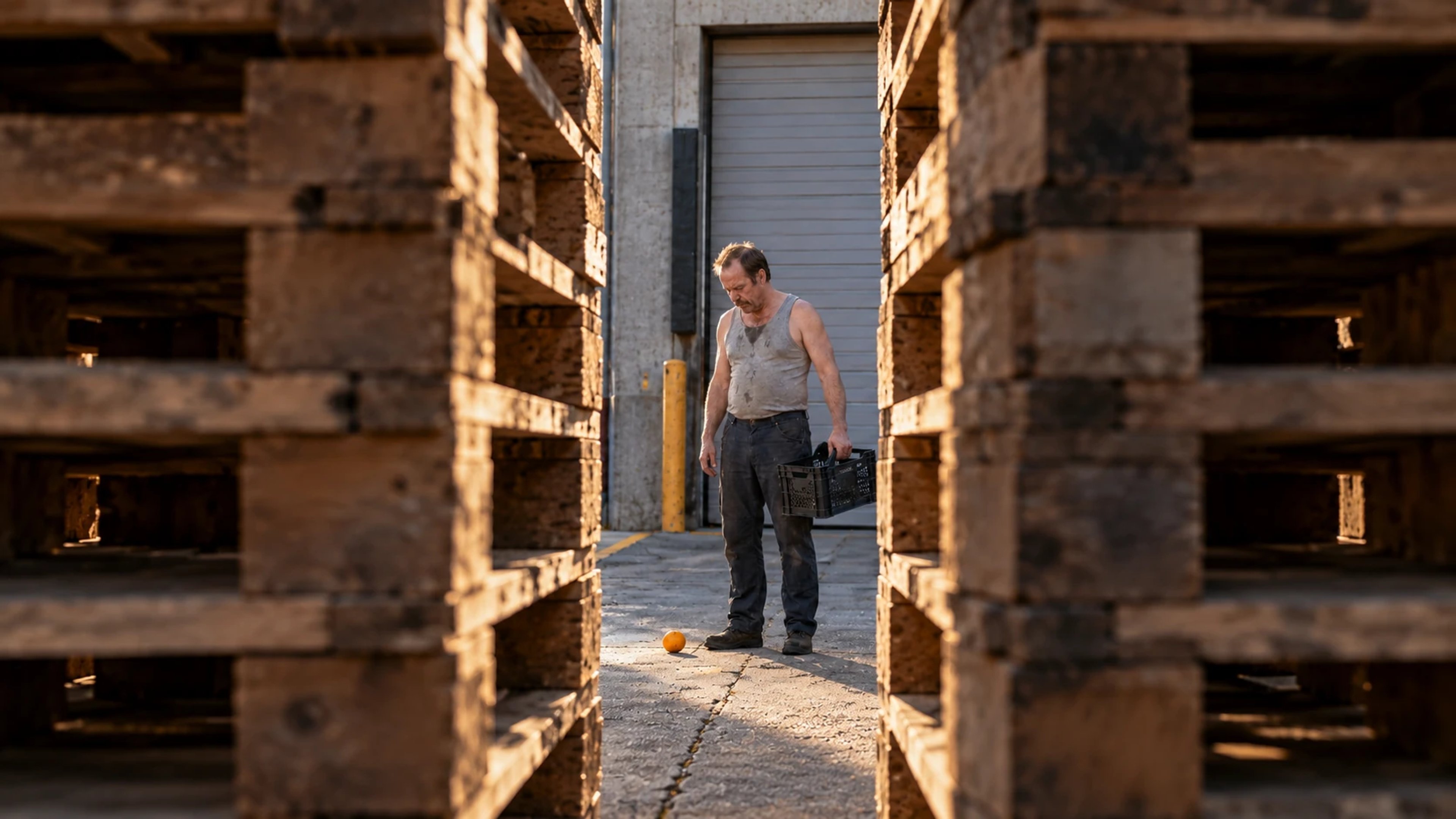 A man holding an empty crate stands fully visible between two tall pallet stacks, looking down at an orange near his shoes.