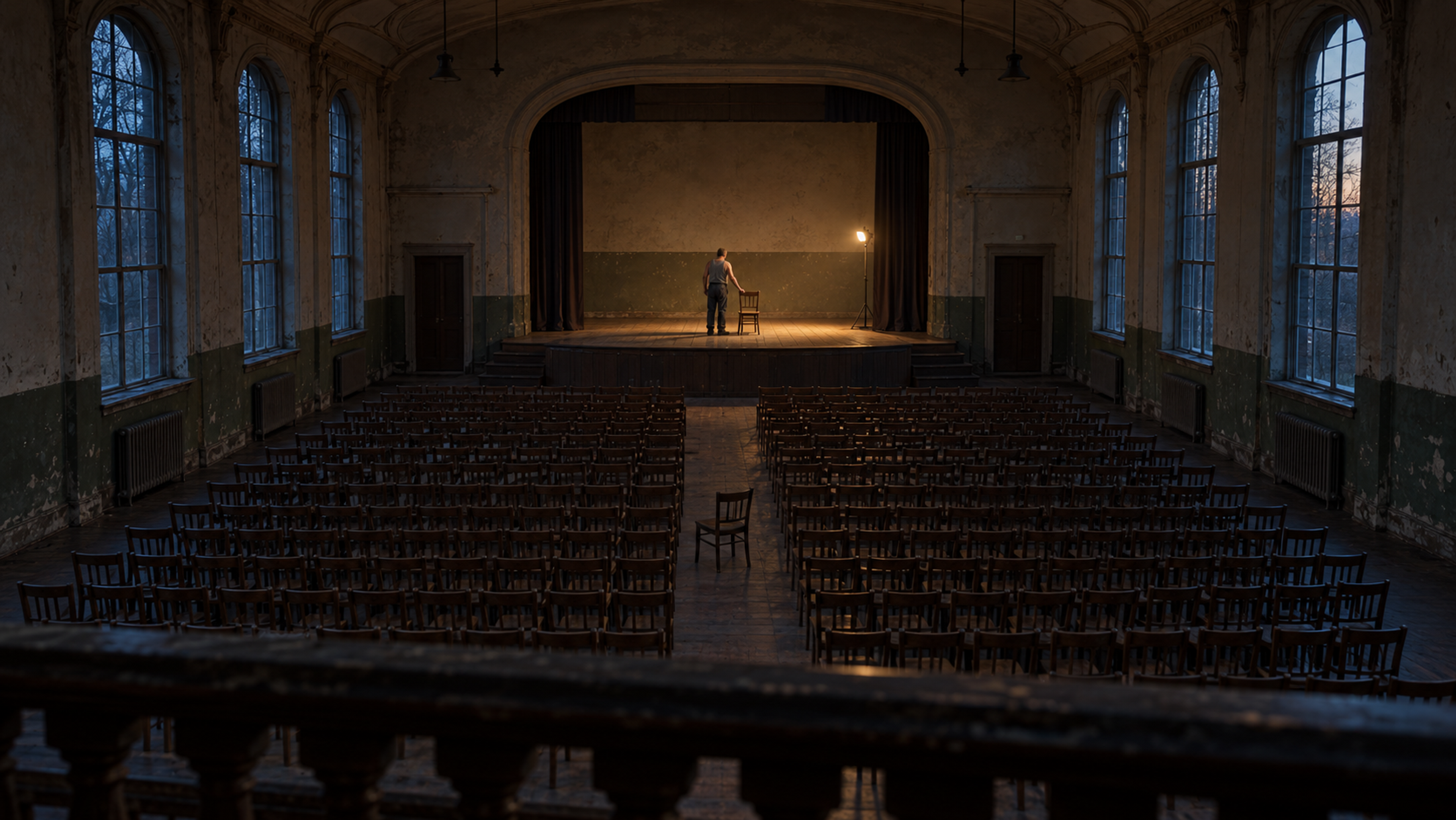 Brutalisti standing beside a chair on a distant stage in a vast deserted asylum assembly hall. Photographic take 02.