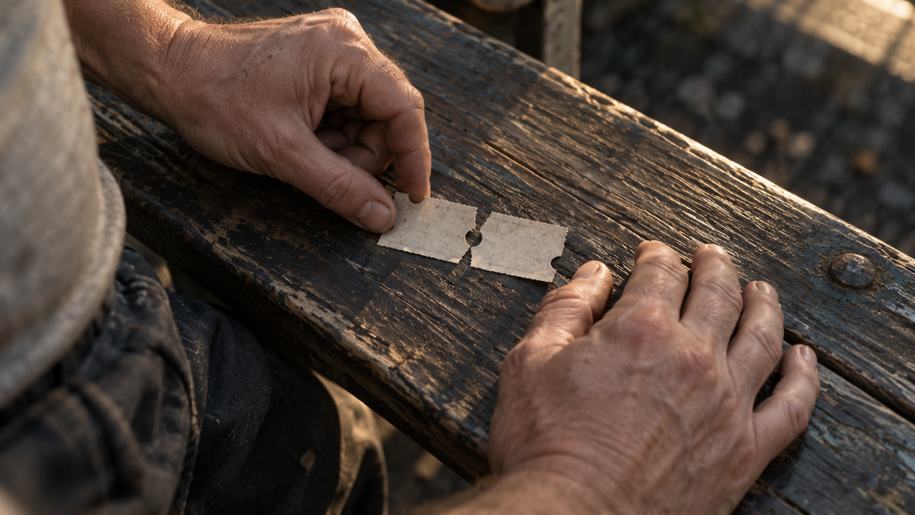 Brutalisti — A close-up of hands places two torn ticket halves on a wooden bench, leaving a small missing triangle. Photographic take 01.