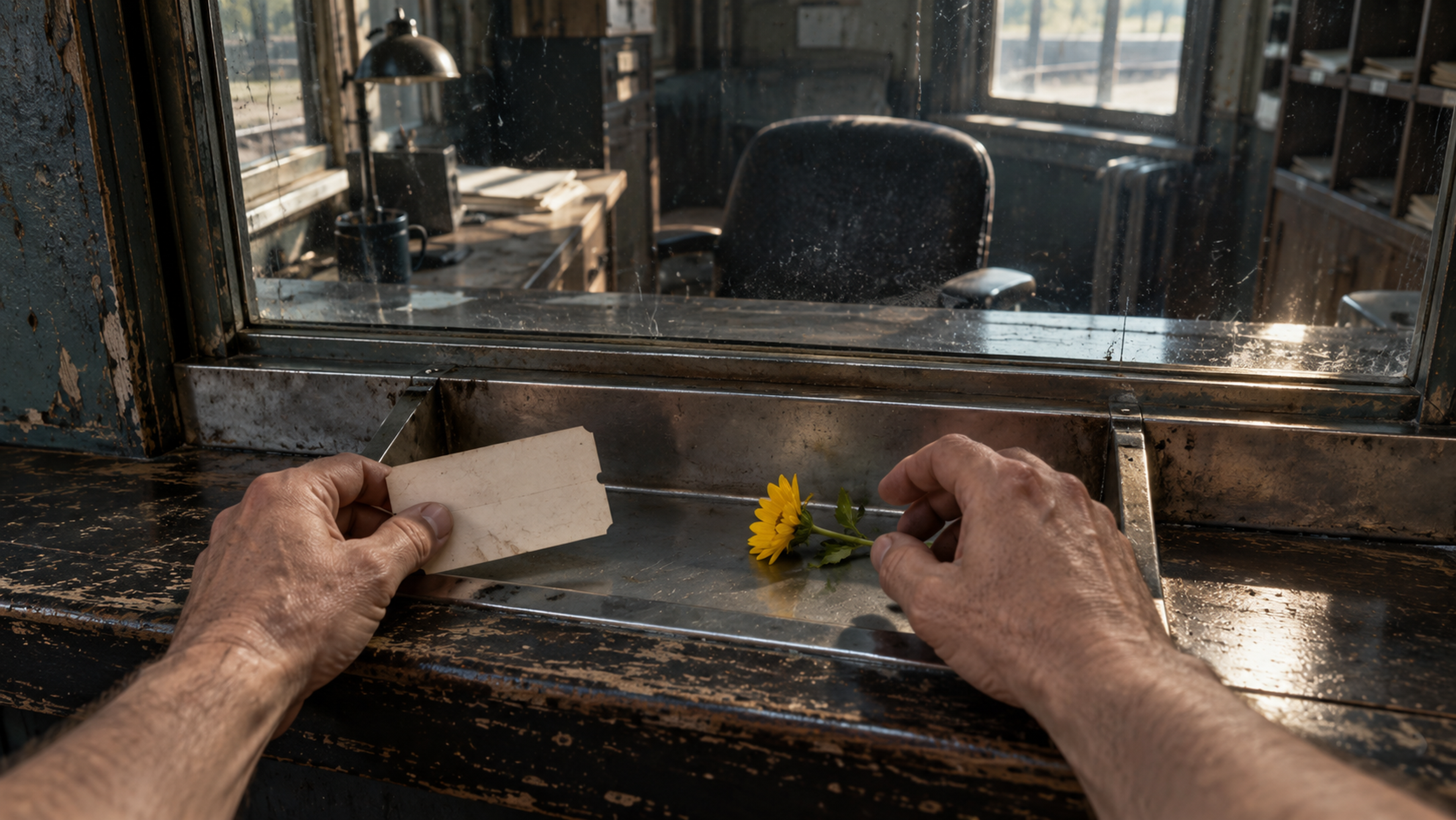 Brutalisti — A first-person view of hands holding a plain ticket over a counter tray containing a yellow flower. Photographic take 01.