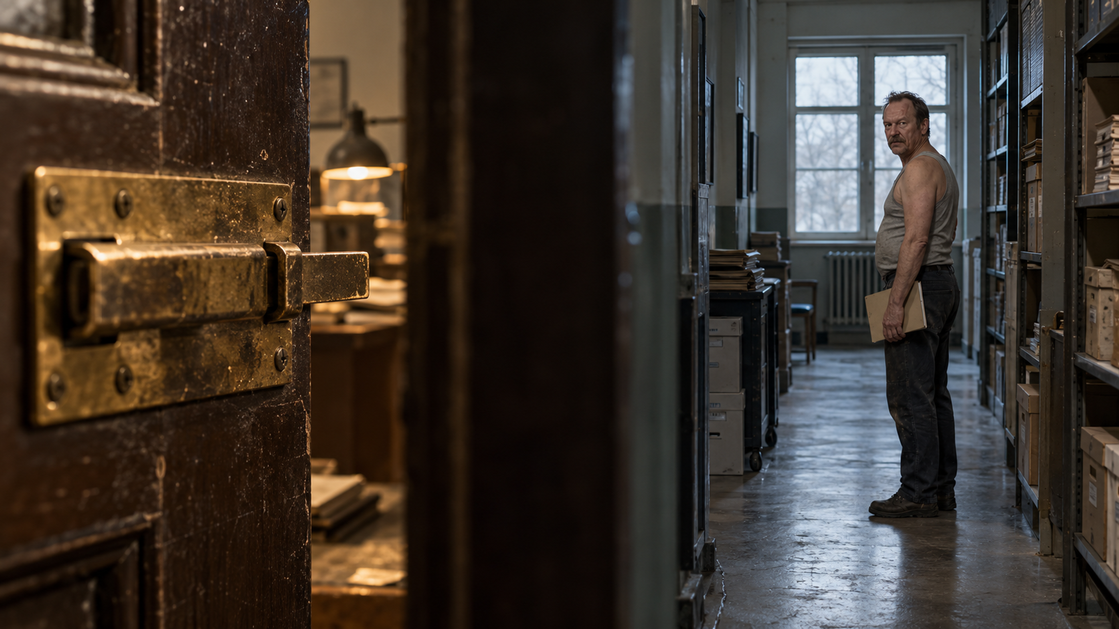 Brutalisti — An unfastened door bolt and a distant person carrying a file folder share a split-diopter composition. Photographic take 01.