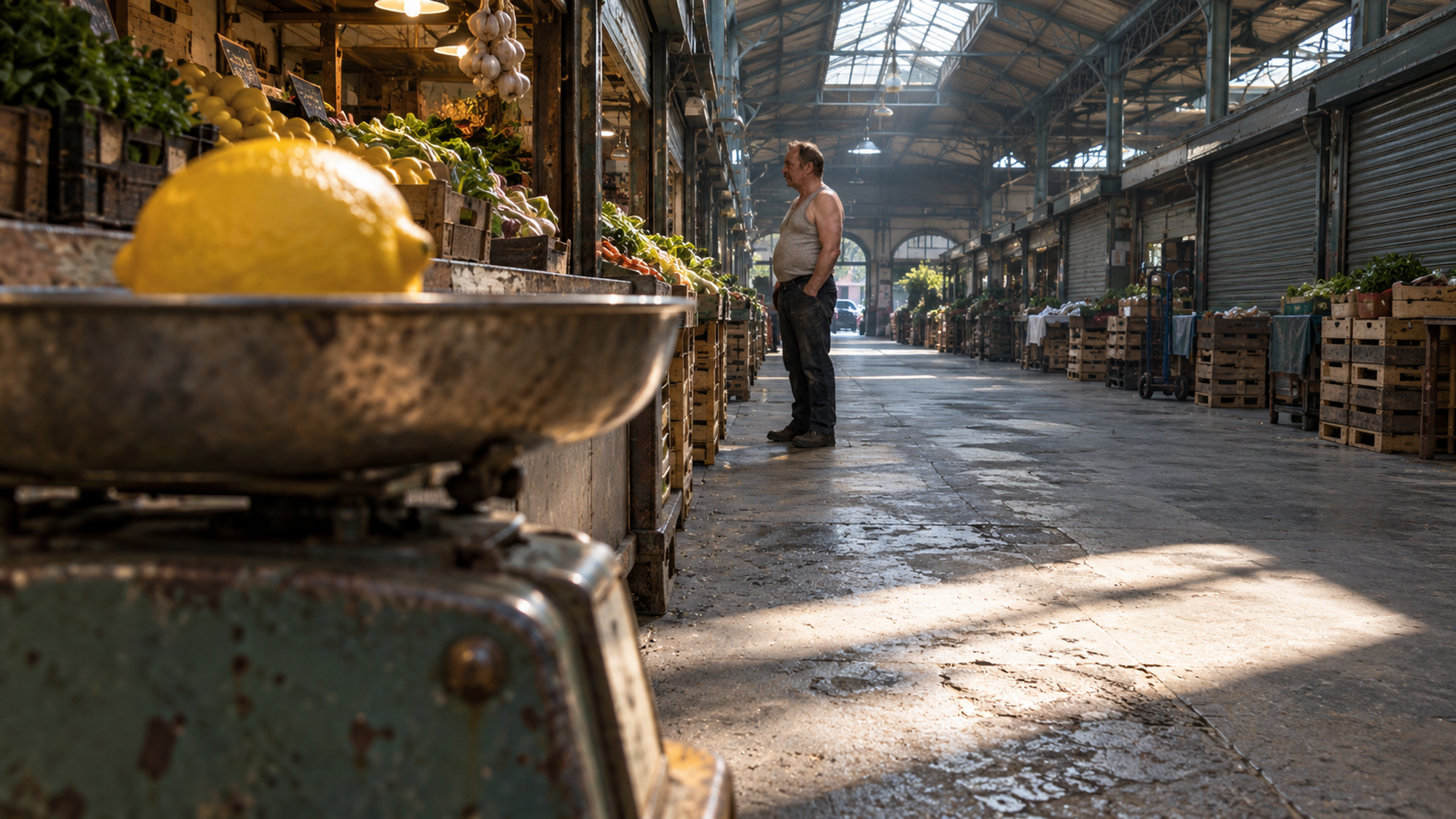 Brutalisti — A lemon on an old metal scale fills the foreground while a person stands in an empty market aisle. Photographic take 01.