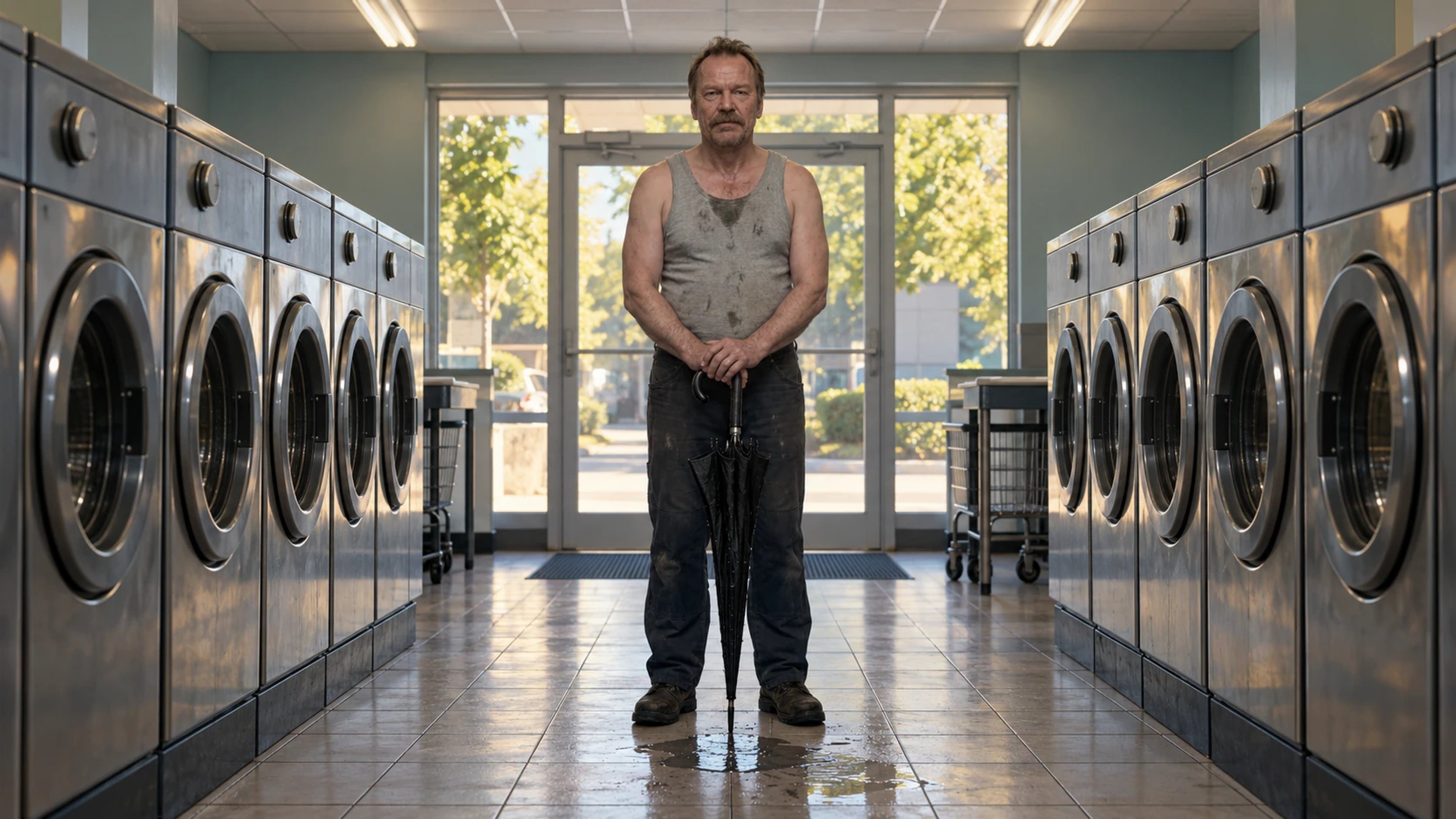A man holding a closed black umbrella stands in the center of a laundromat aisle between matching rows of washing machines.