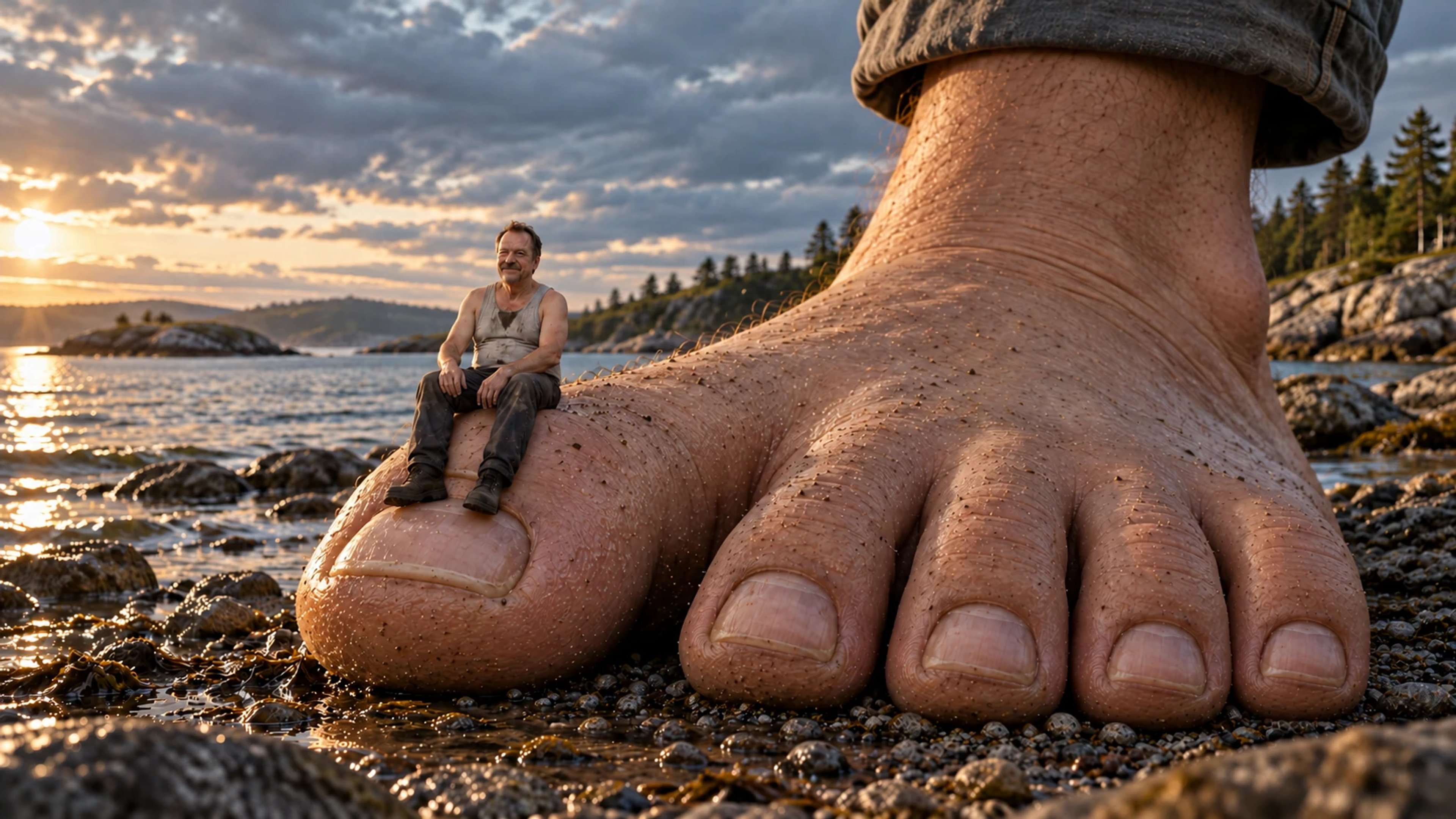A small man sits on the big toe of an enormous bare left foot resting on a rocky shore, with sea and sunset behind.