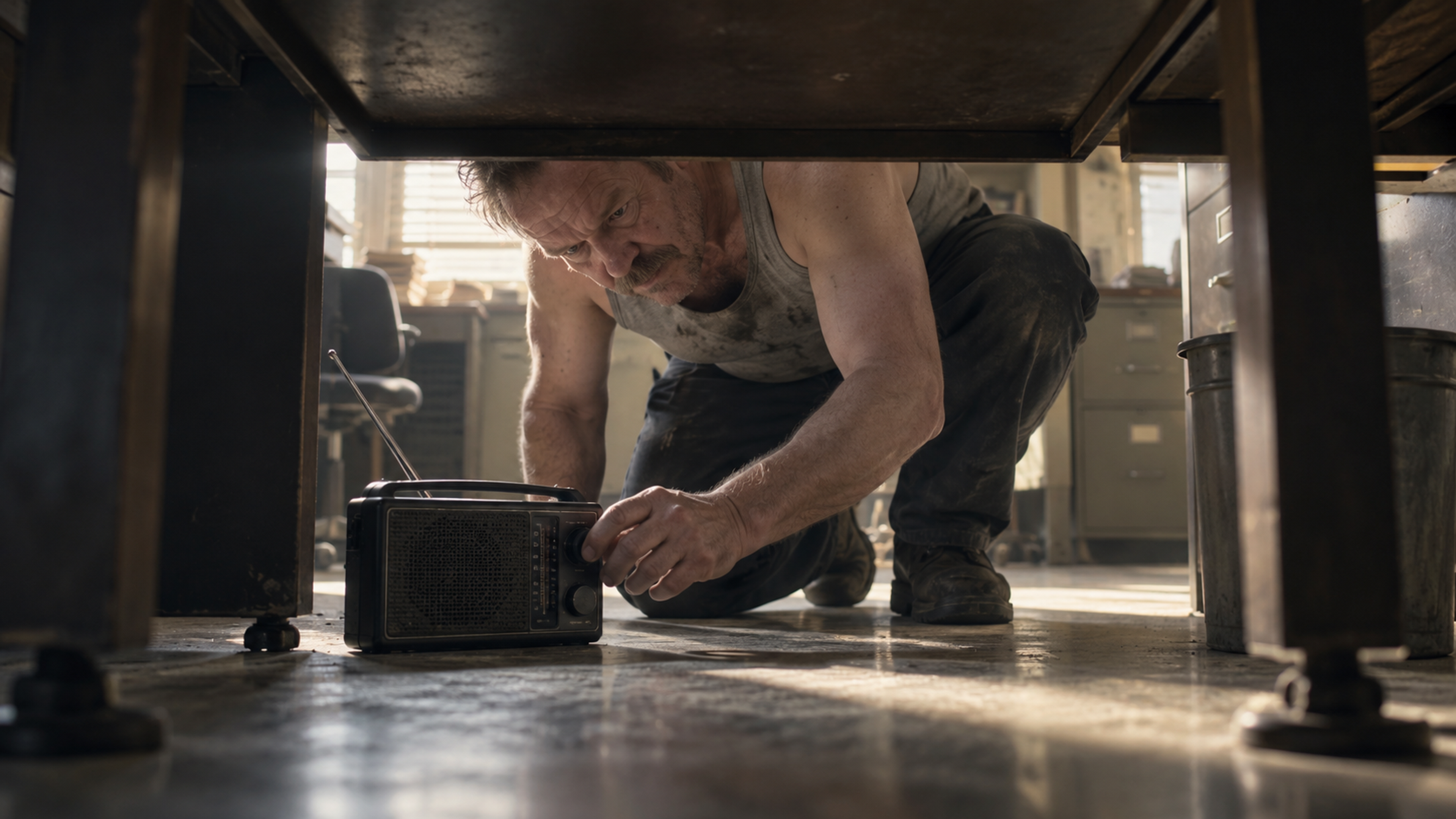 Brutalisti — Under a desk, a low camera sees a crouching person inspecting a portable radio. Photographic take 02.