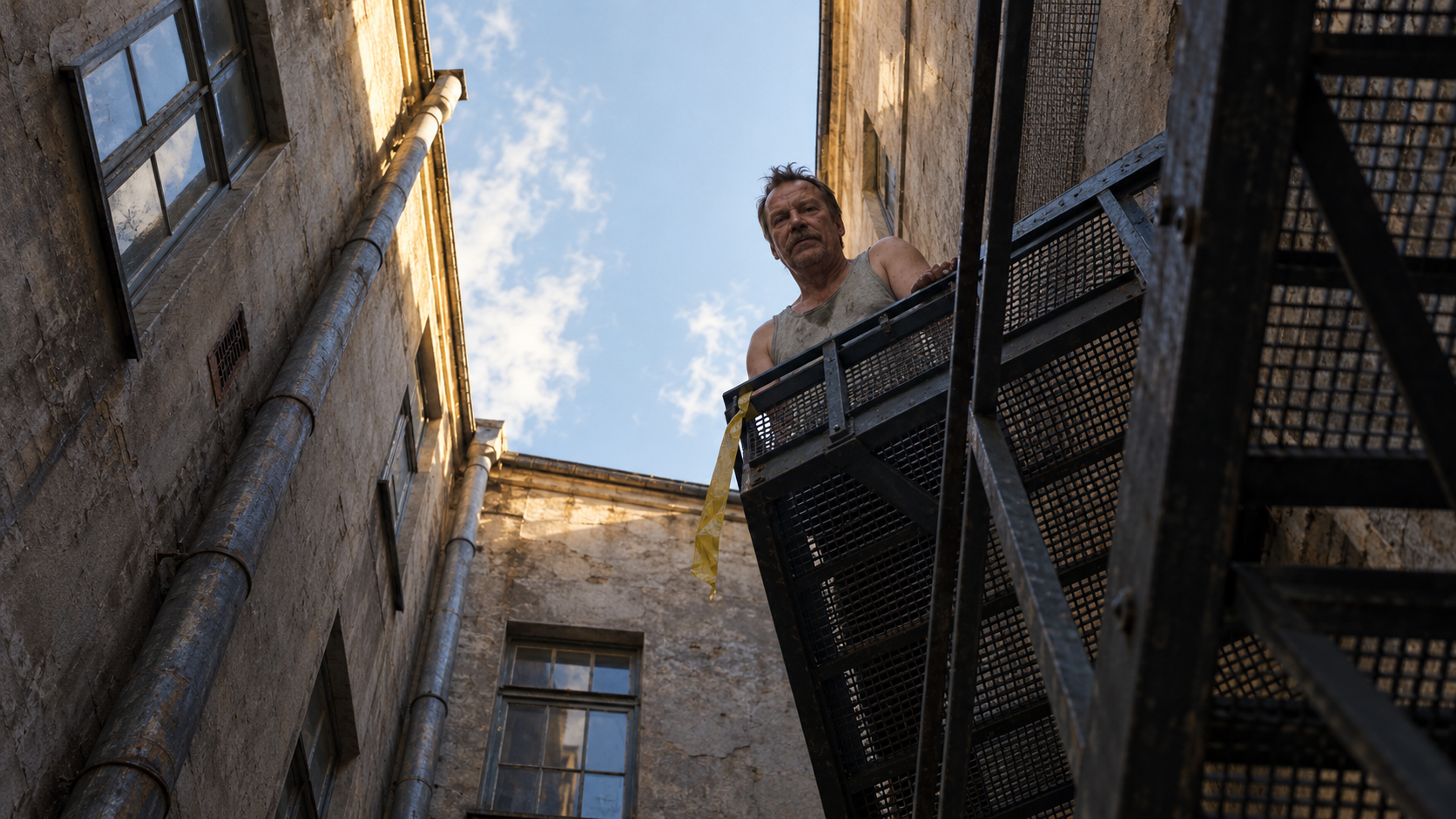 Brutalisti — An upward view of weathered courtyard walls and a person leaning over a steel landing beside yellow tape. Photographic take 01.