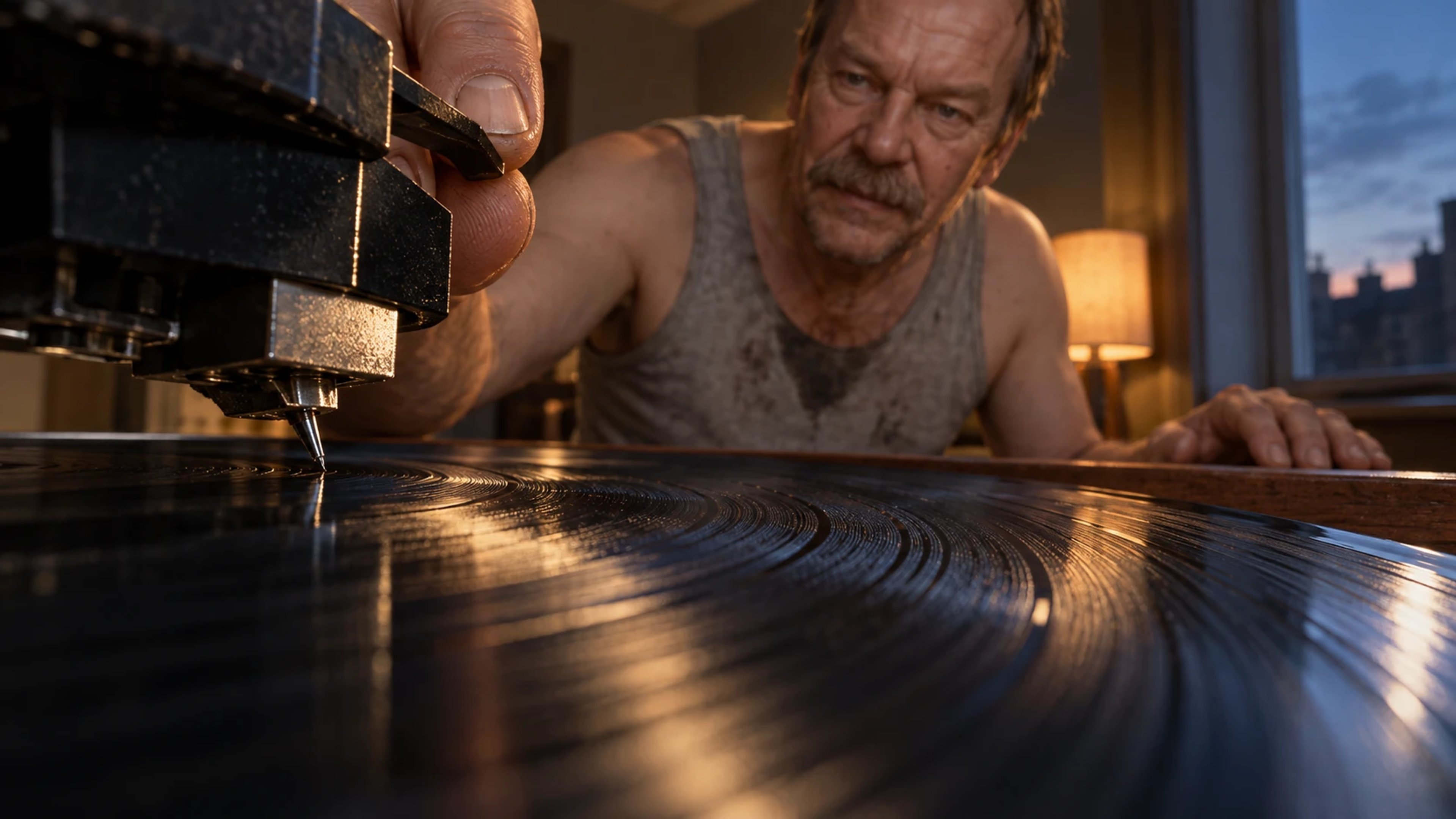 A record-player needle approaches glossy vinyl grooves while a man carefully lowers the tonearm, seen from record level.