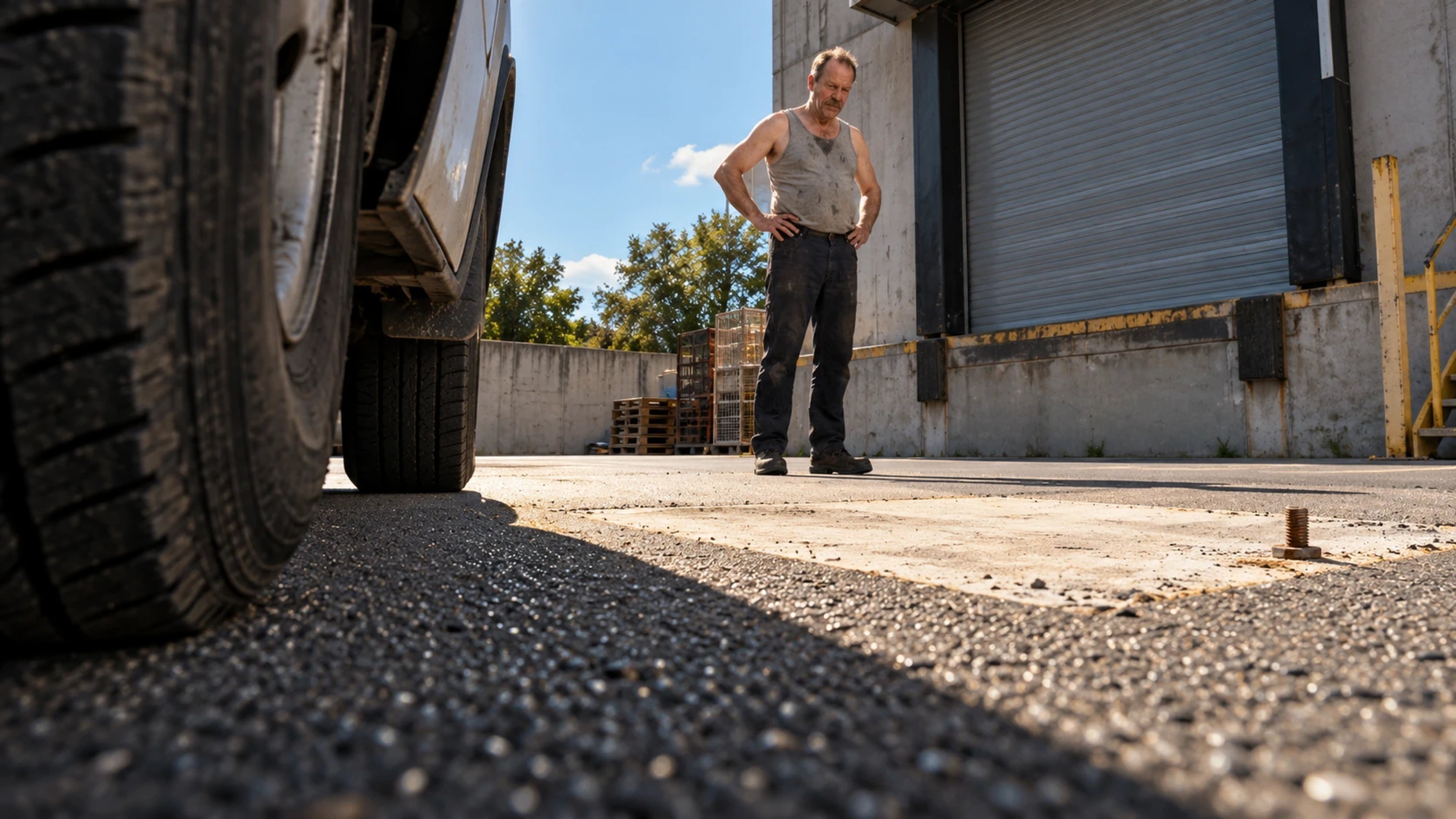 A cropped van wheel fills the left foreground of a ground-level view toward a man and a clean rectangular patch beside a loading bay.