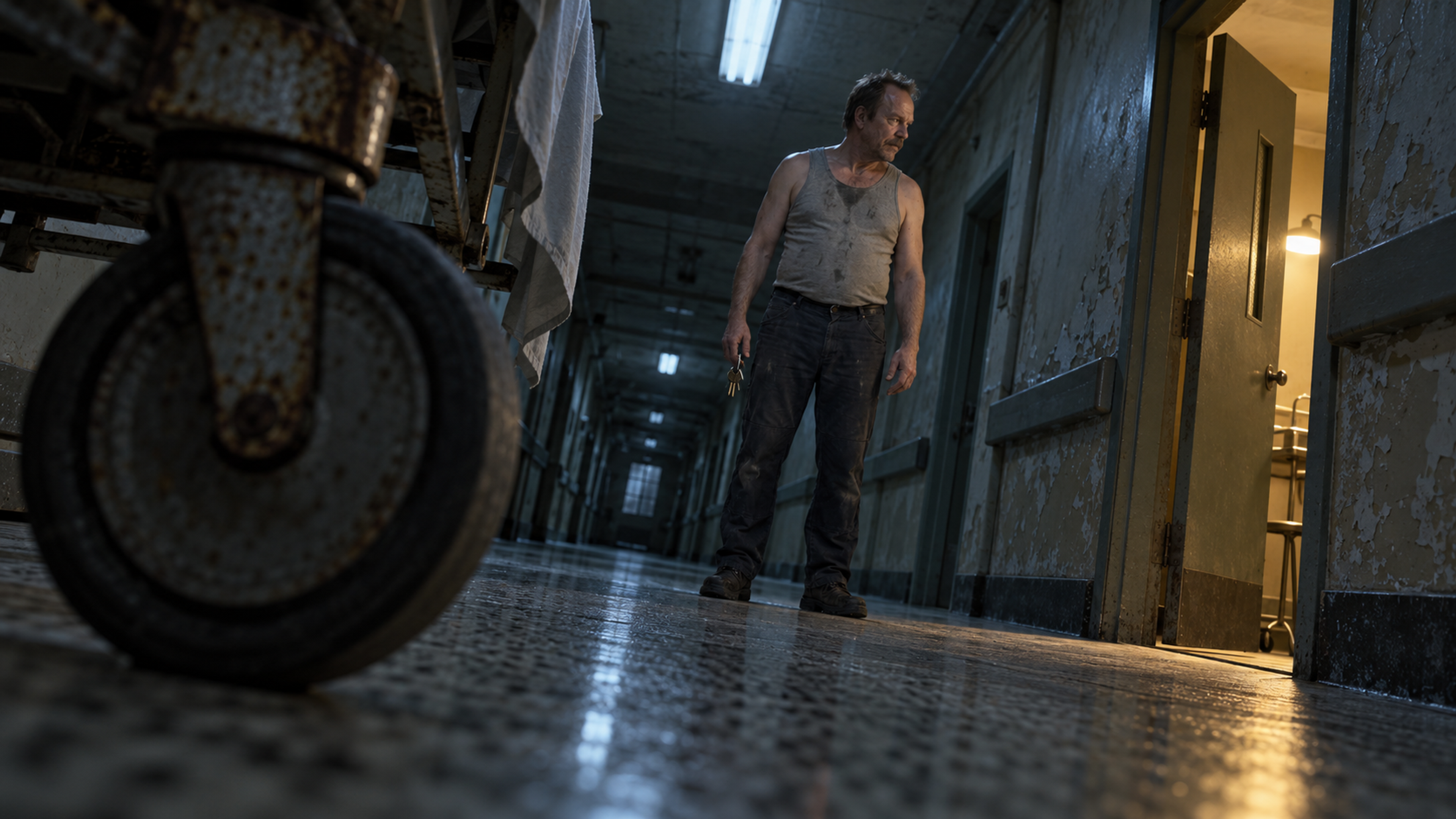 Brutalisti holding keys in a disused treatment corridor, seen beside a gurney wheel at a tilted floor angle. Photographic take 01.