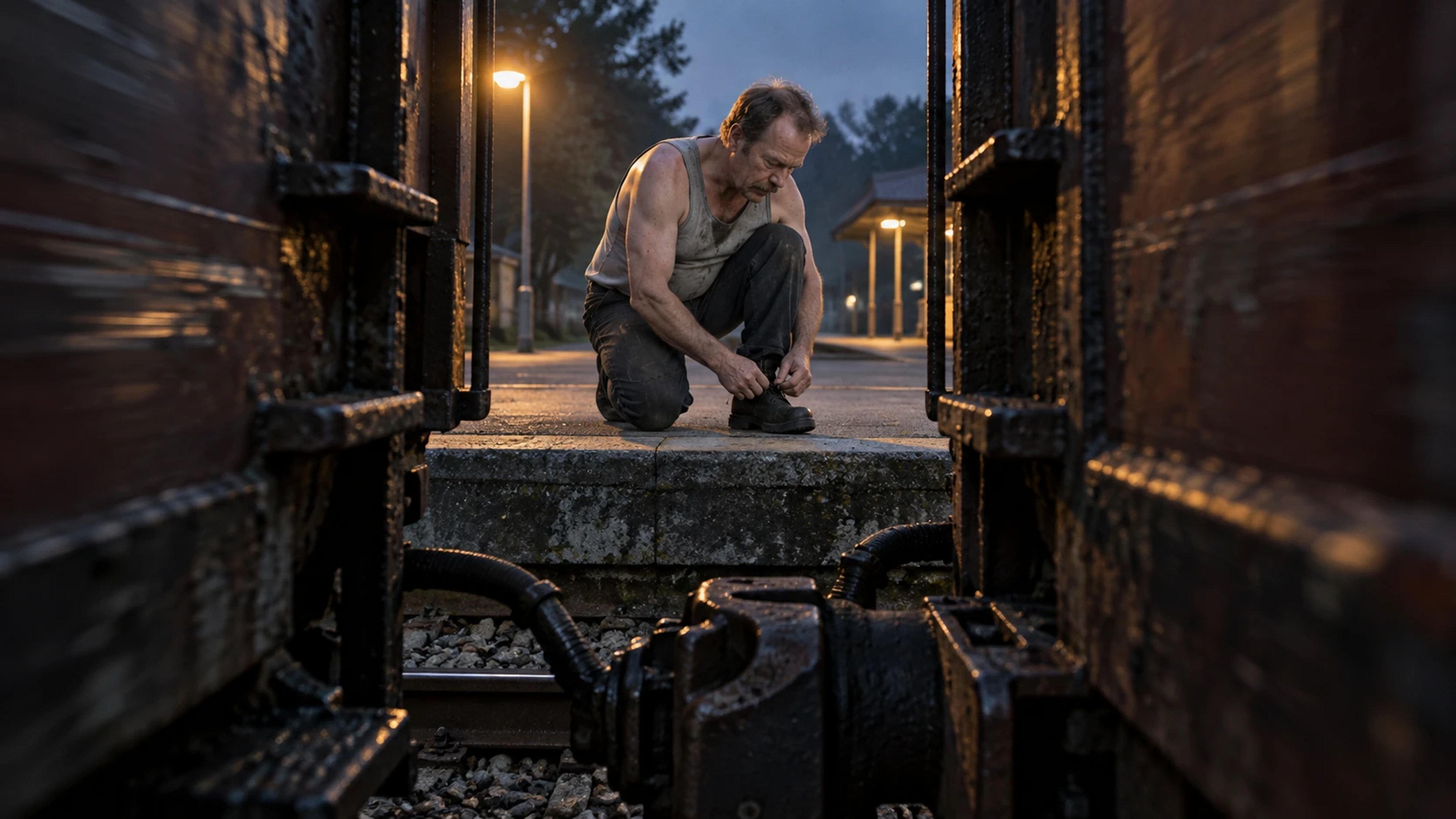 A man ties his shoe on a railway platform, framed by the dark ends, coupler and hoses of two freight wagons.