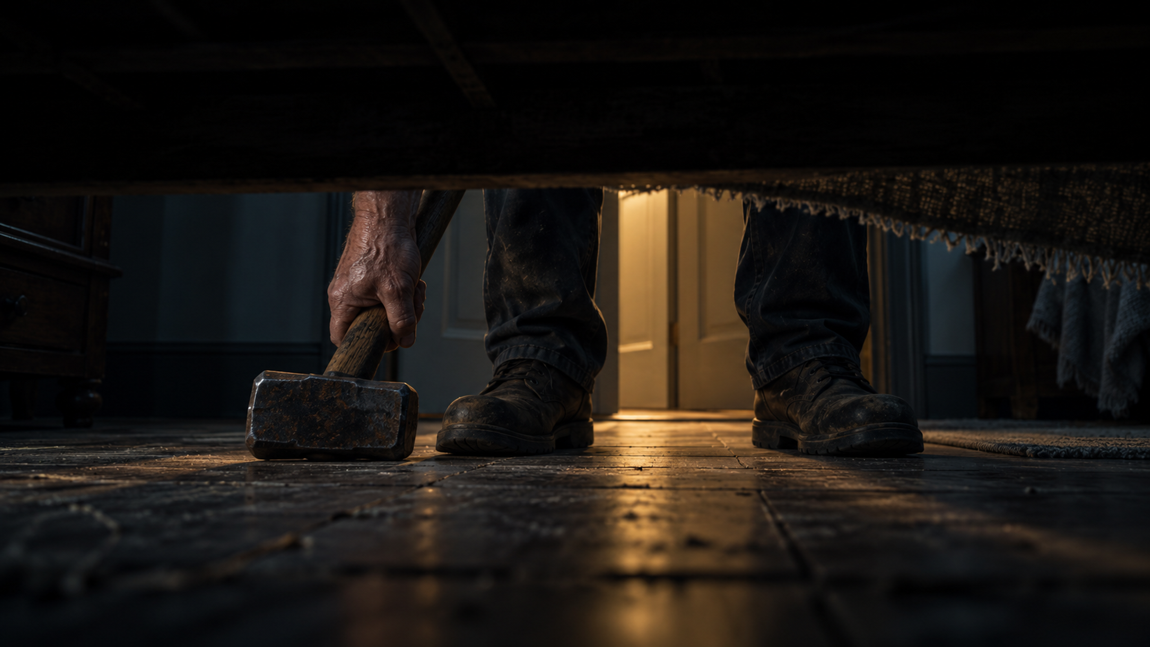 Brutalisti's work shoes and lowered hand holding a sledgehammer, seen from beneath a bed. Photographic take 02.