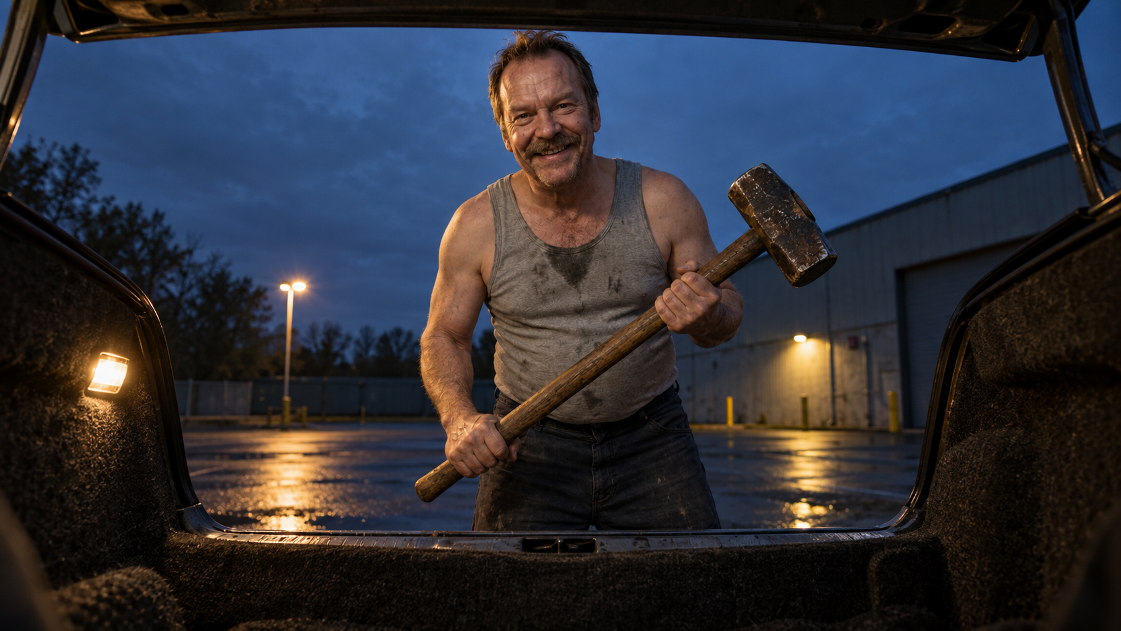 Brutalisti grinning into the open car trunk while holding a sledgehammer outside the car. Photographic take 01.