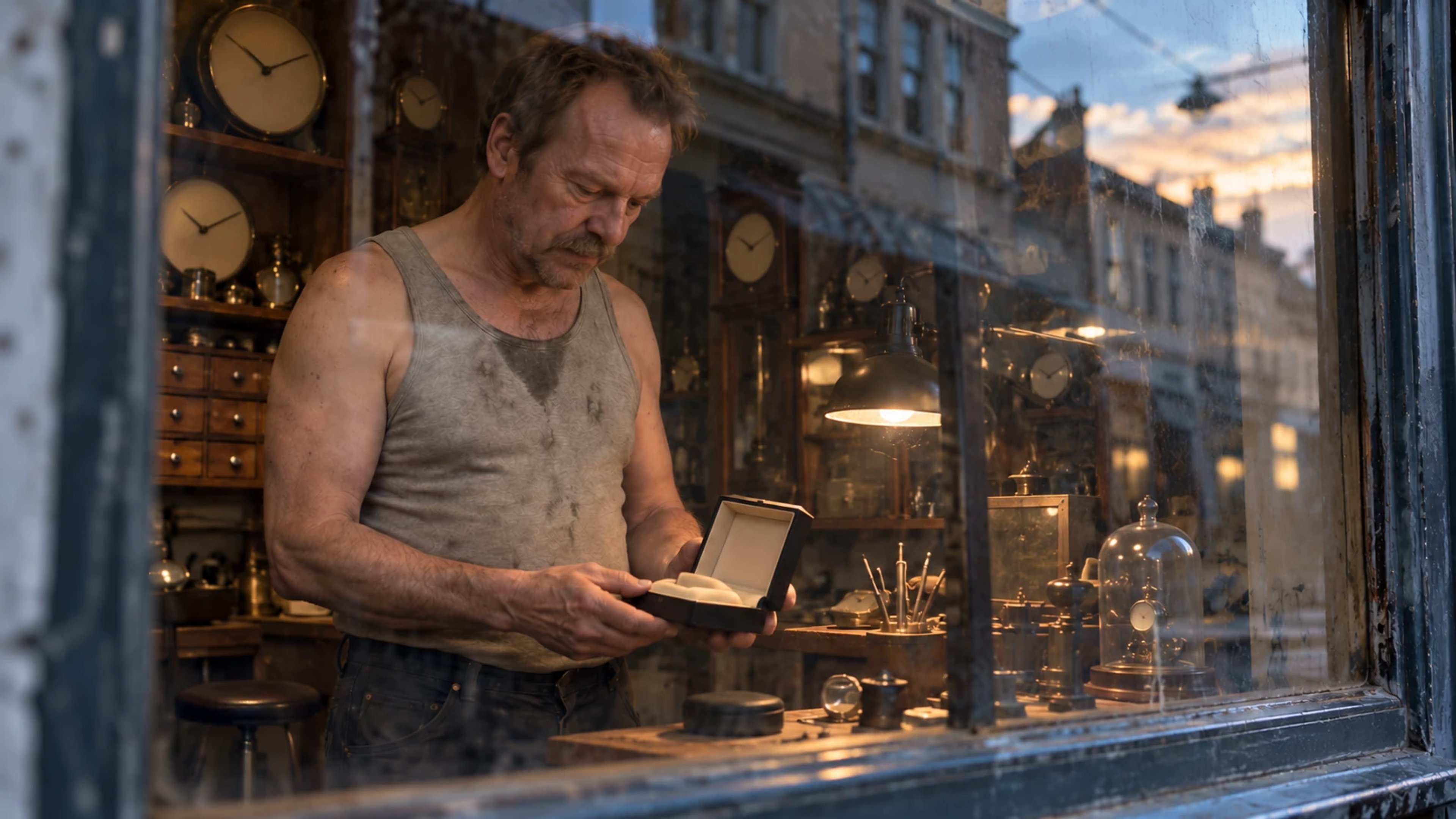 Through a shop window with street reflections, a man looks down at an empty watch box among clocks and a warm task lamp.