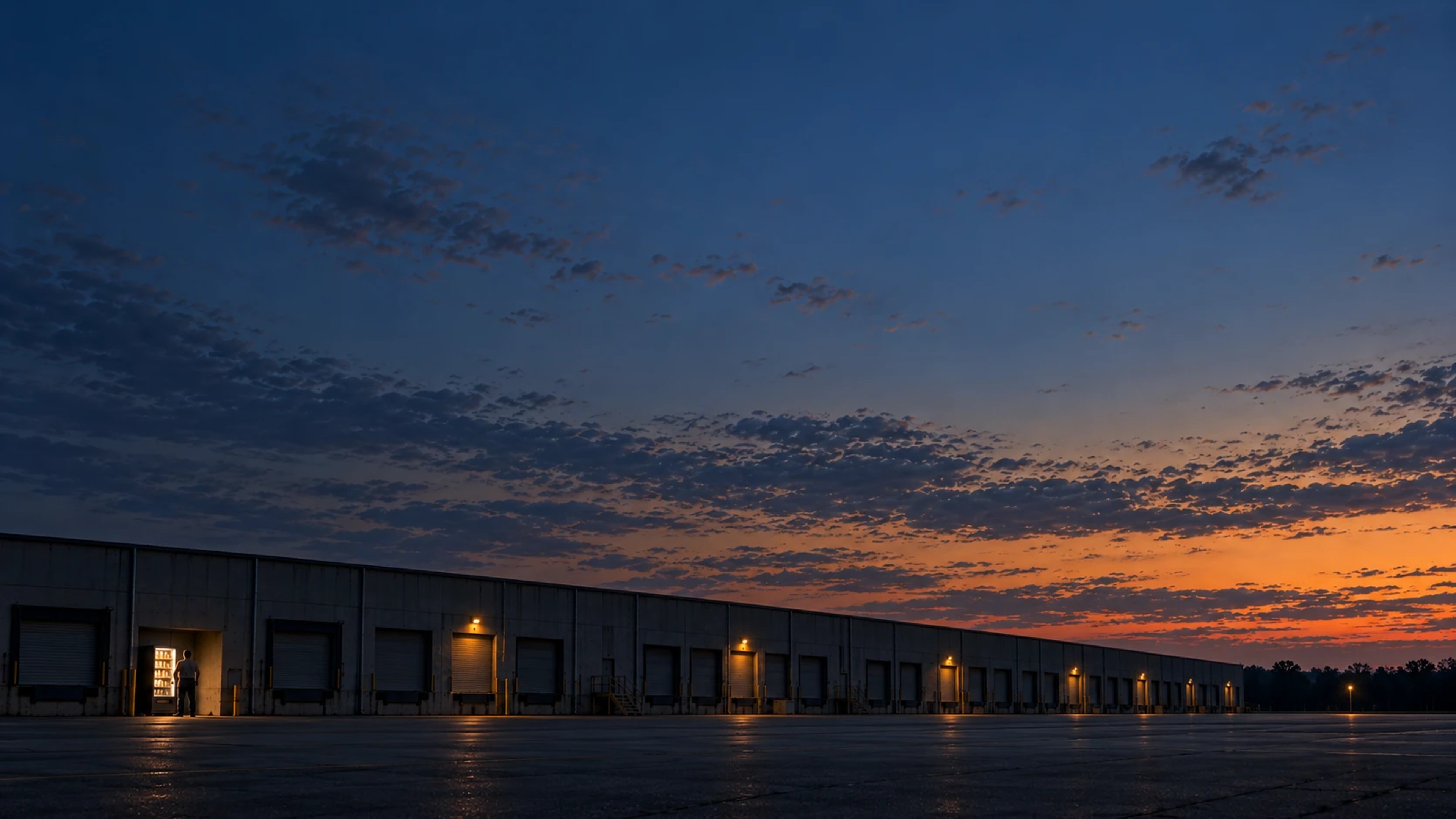 A long freight warehouse lies beneath an expansive dusk sky, with a tiny figure near a warm illuminated machine.