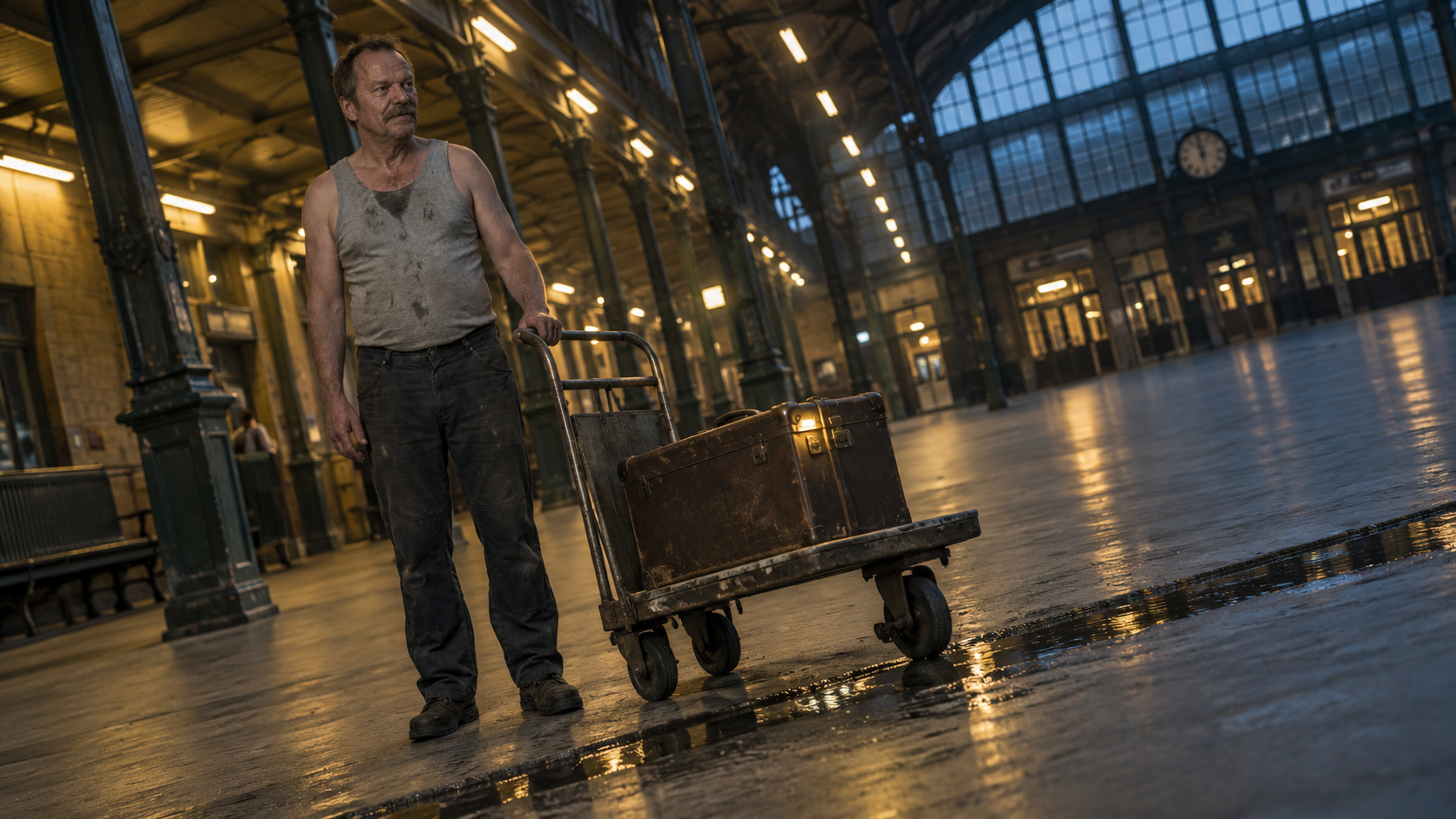 Brutalisti — A tilted view of a person beside a luggage cart stopped before water on a station floor. Photographic take 01.