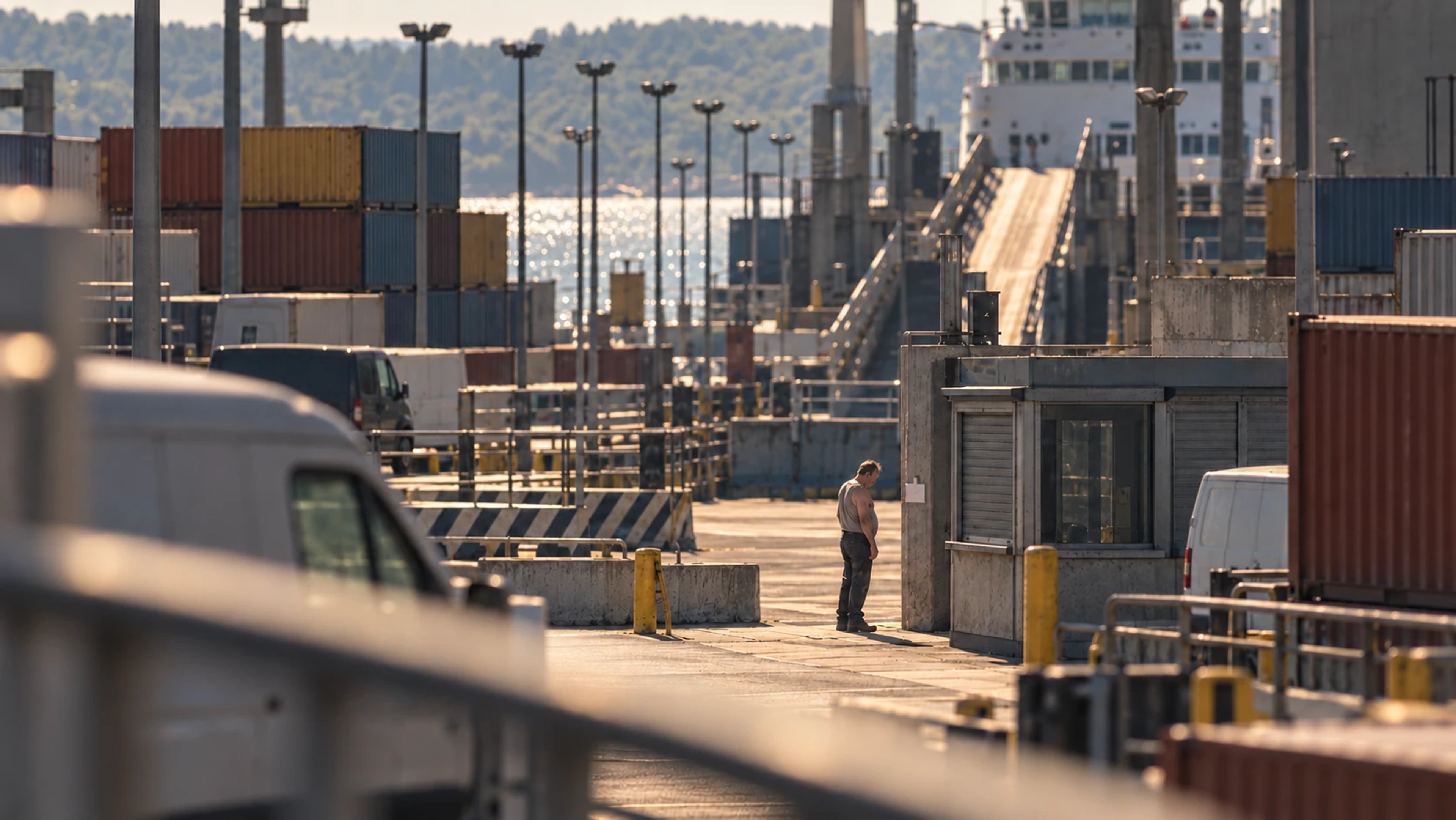 A distant man stands near a ferry-terminal booth, seen past a soft foreground van and railing through layers of port structures.