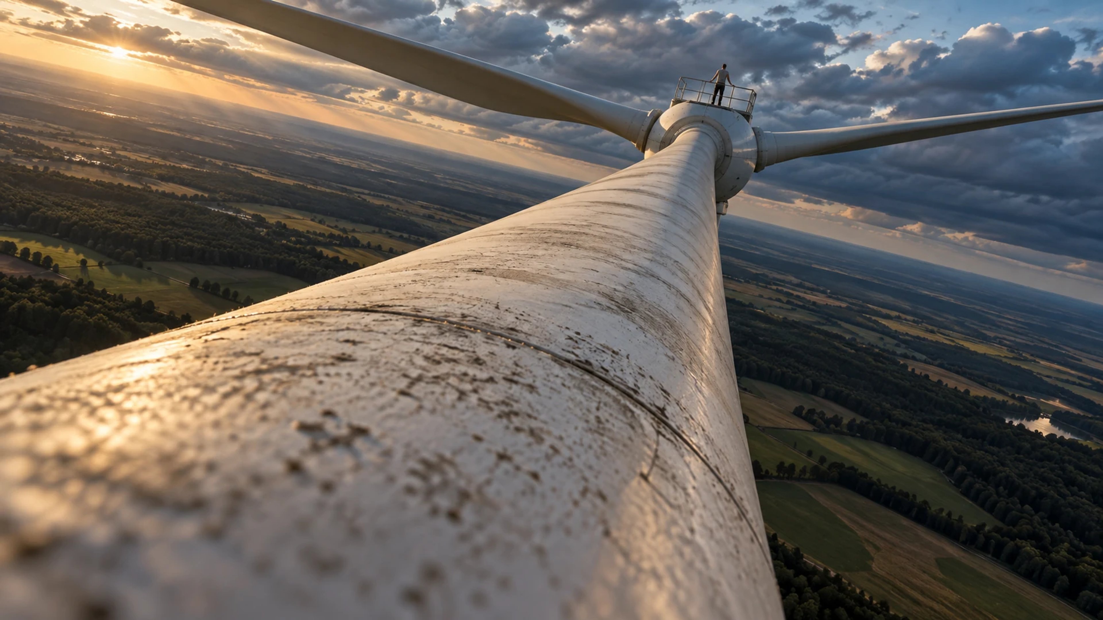 A weathered wind turbine blade leads toward a small man beside the rotor hub, high above farmland under dramatic evening clouds.