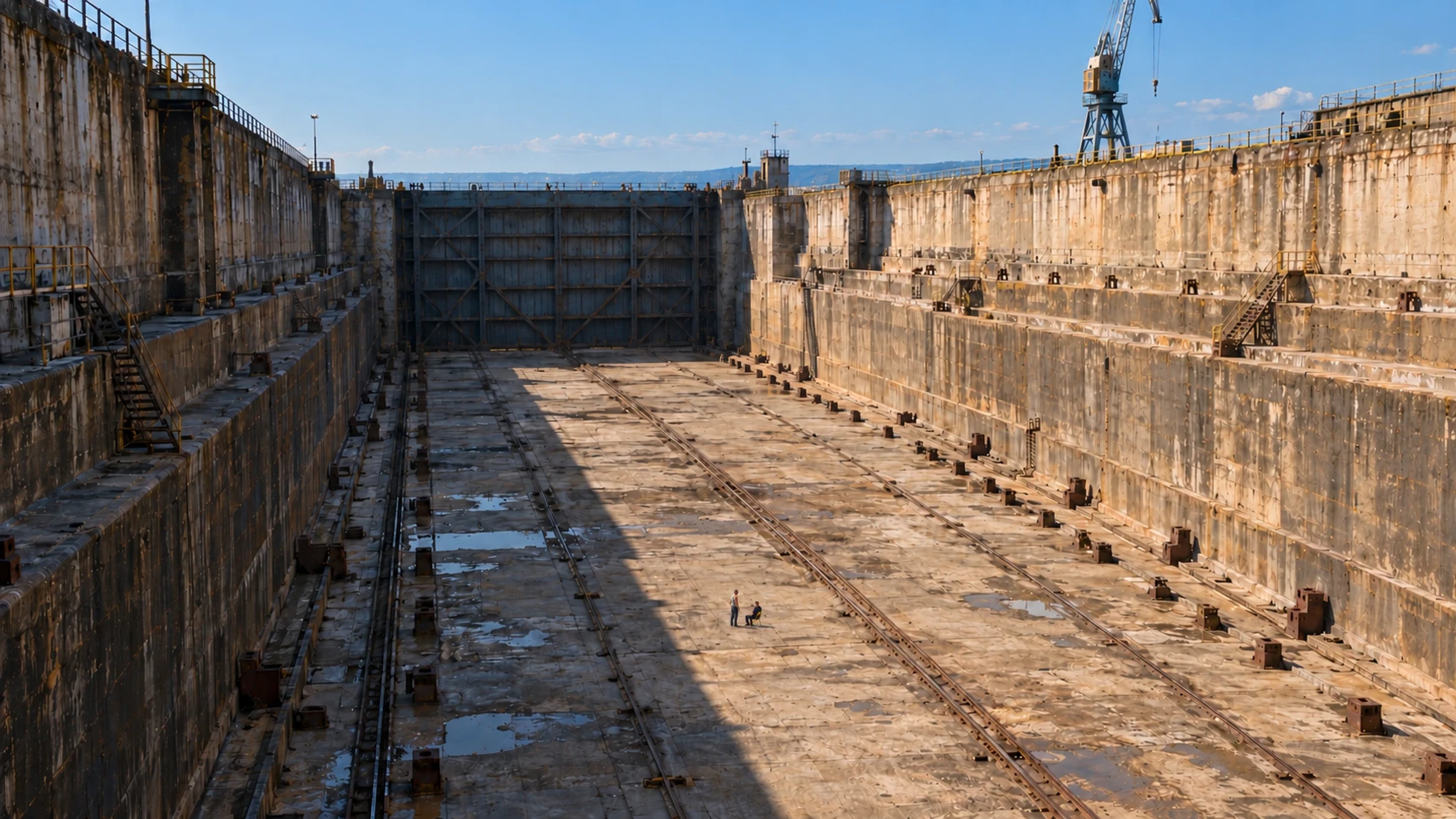 Two tiny figures sit and stand on the floor of a vast empty dry dock beneath towering concrete walls and a distant crane.