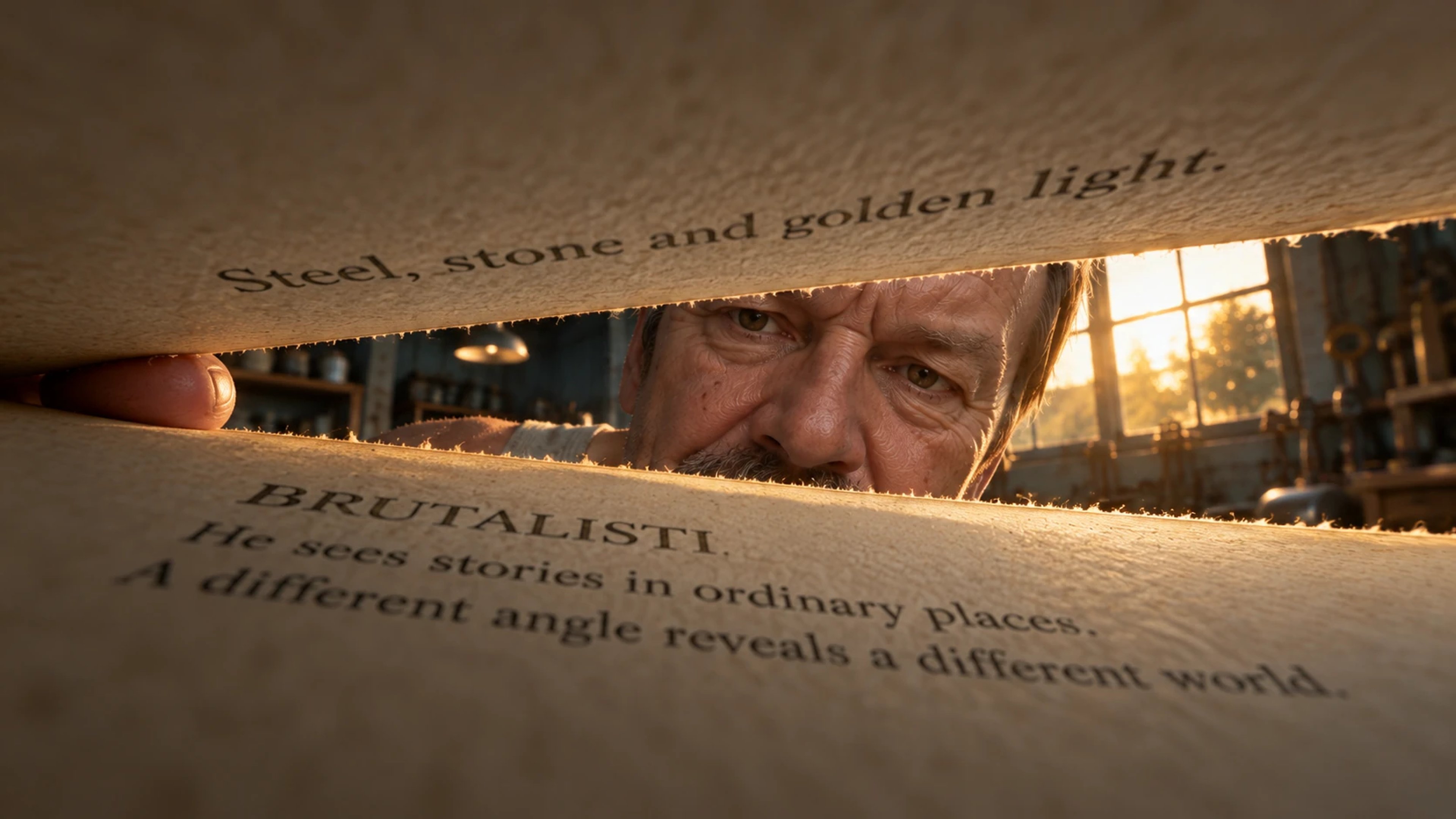View from between two nearly closed book pages printed with Brutalisti text, revealing a man’s eyes through the narrow opening.