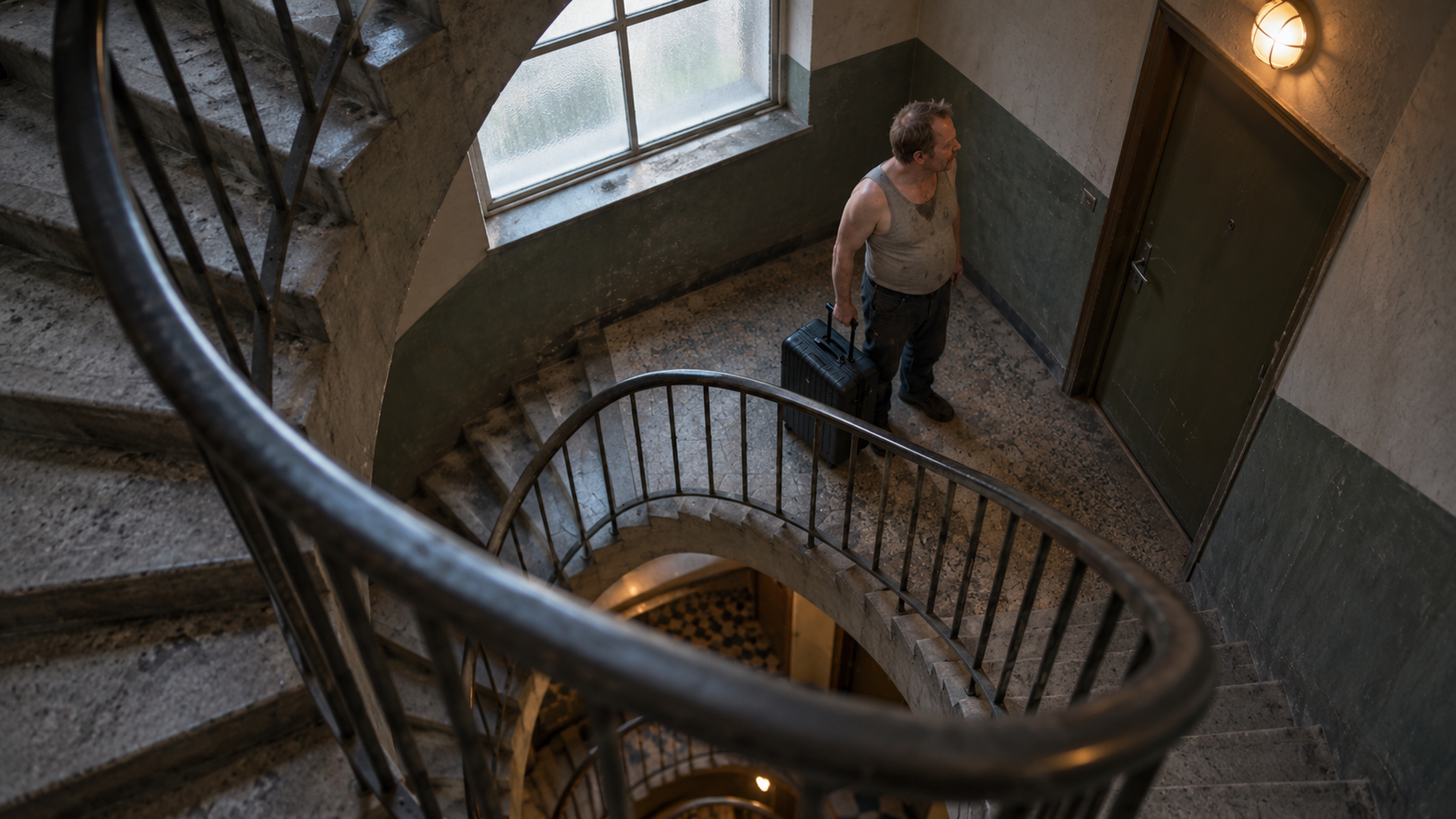 Brutalisti — A steep view down a spiral stairwell reveals a person paused beside an upright suitcase on a lower landing. Photographic take 01.