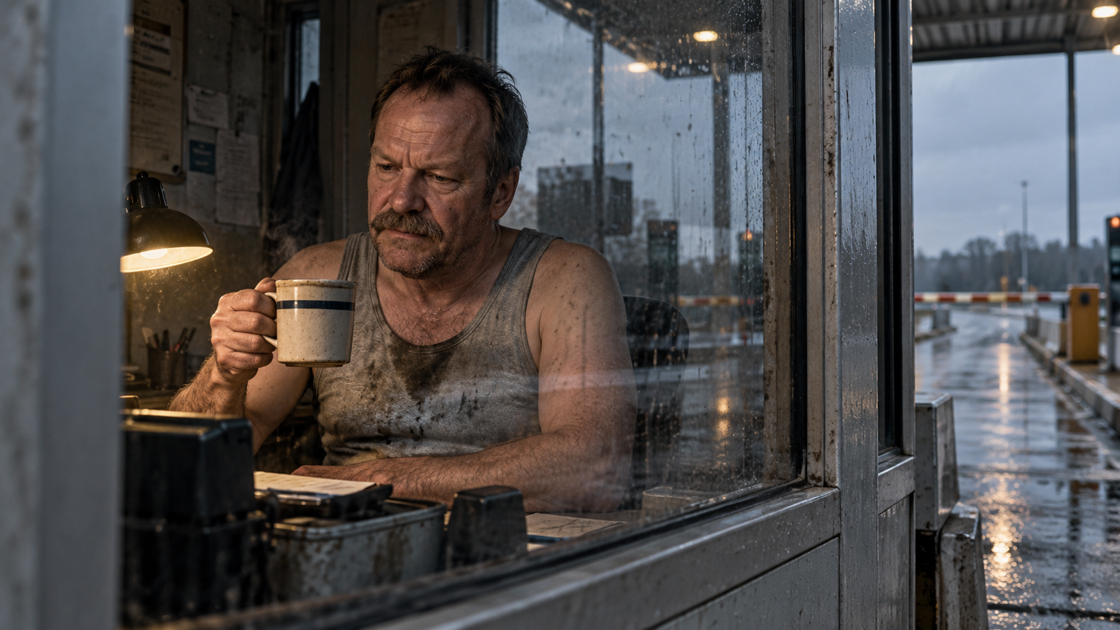 Brutalisti — Through a toll-booth window and restrained reflections, a seated person studies a steaming ceramic mug. Photographic take 01.