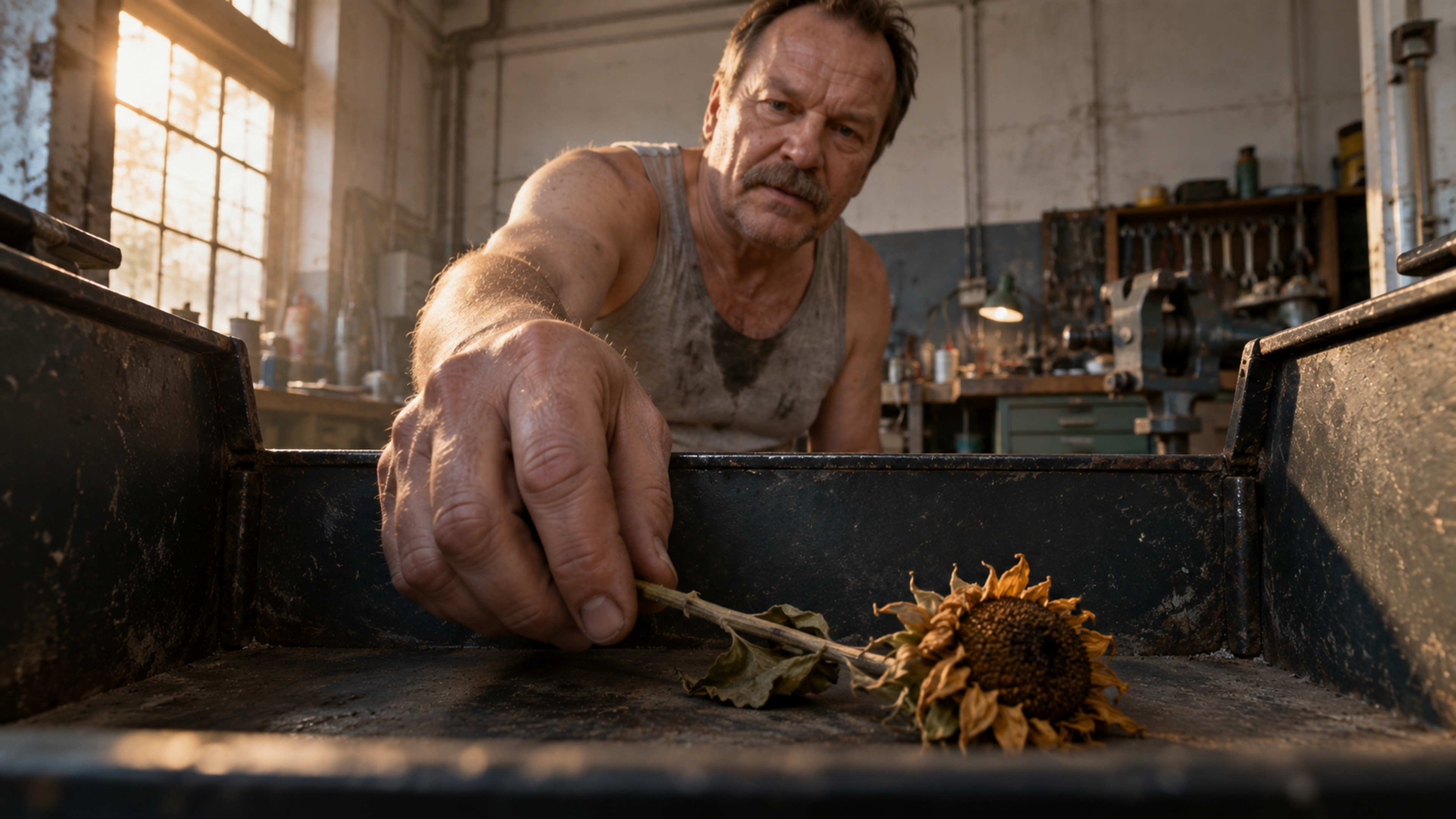 Brutalisti — A view from inside a tool chest shows a person reaching for a dried sunflower. Photographic take 01.