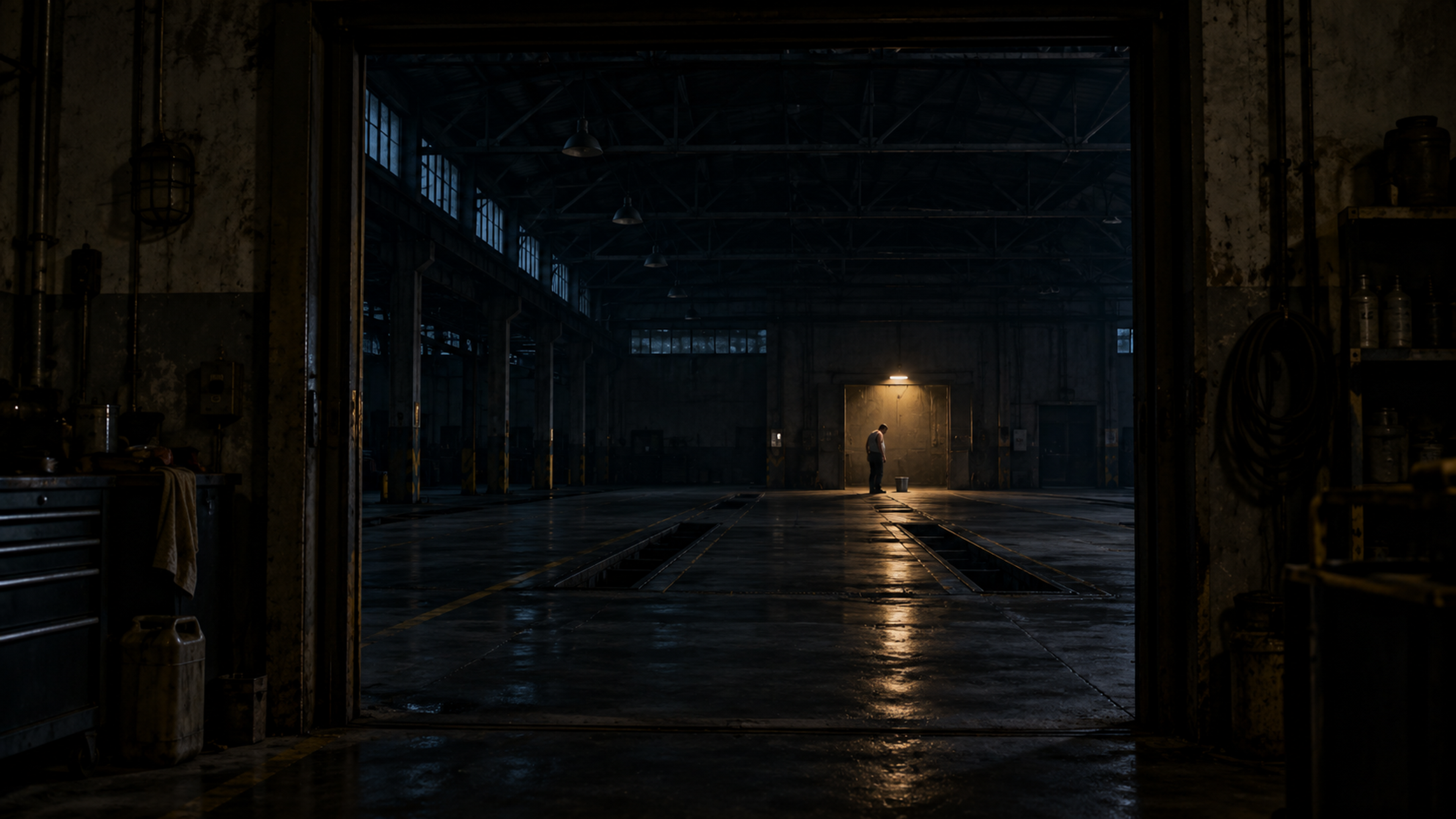 Brutalisti — A dark doorway frames a distant silhouette and a metal bucket beneath a warm lamp in an empty bus garage. Photographic take 01.