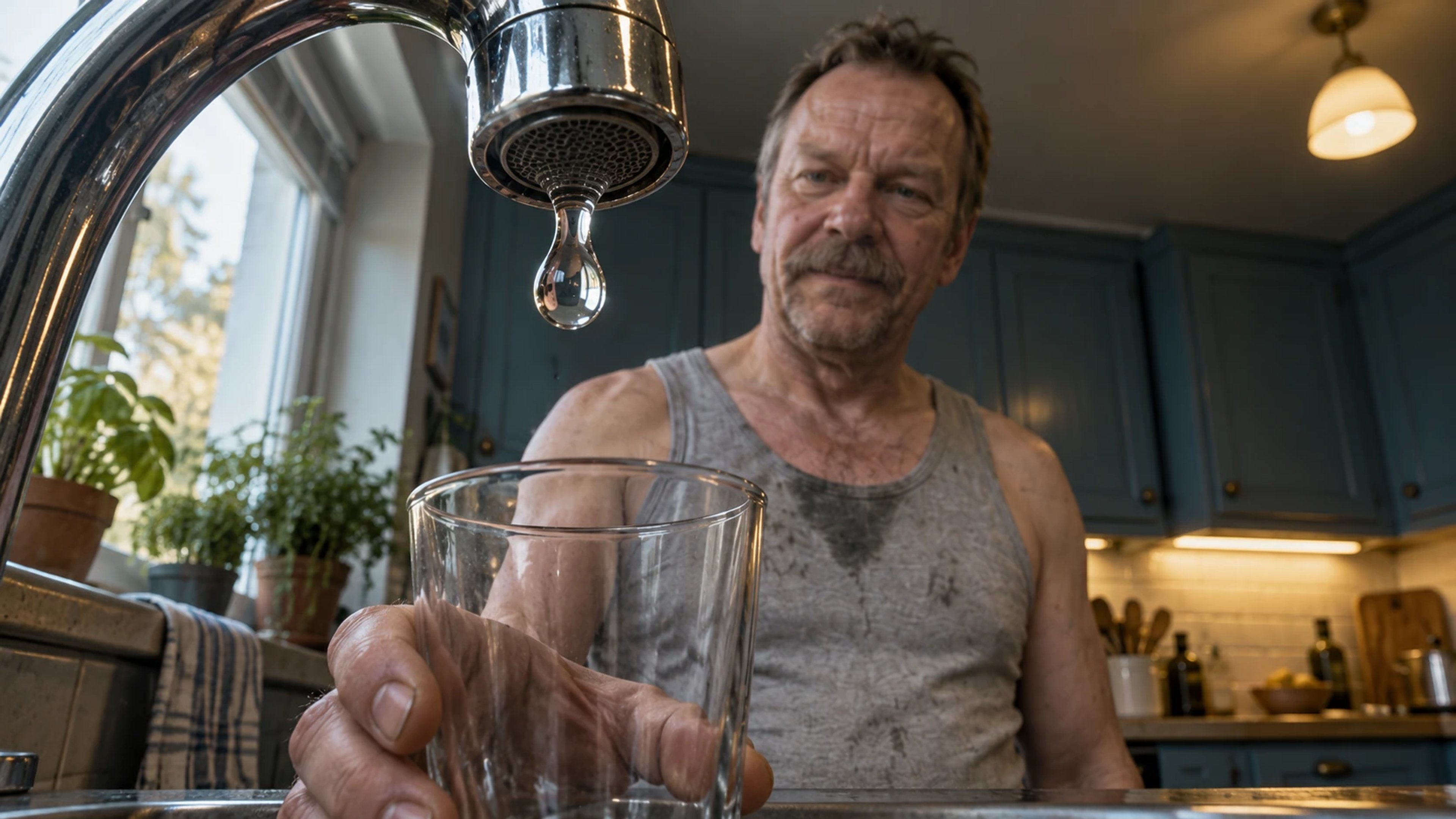 A large clear water drop hangs from a chrome tap in close foreground while a man holds an empty glass below in a blue kitchen.