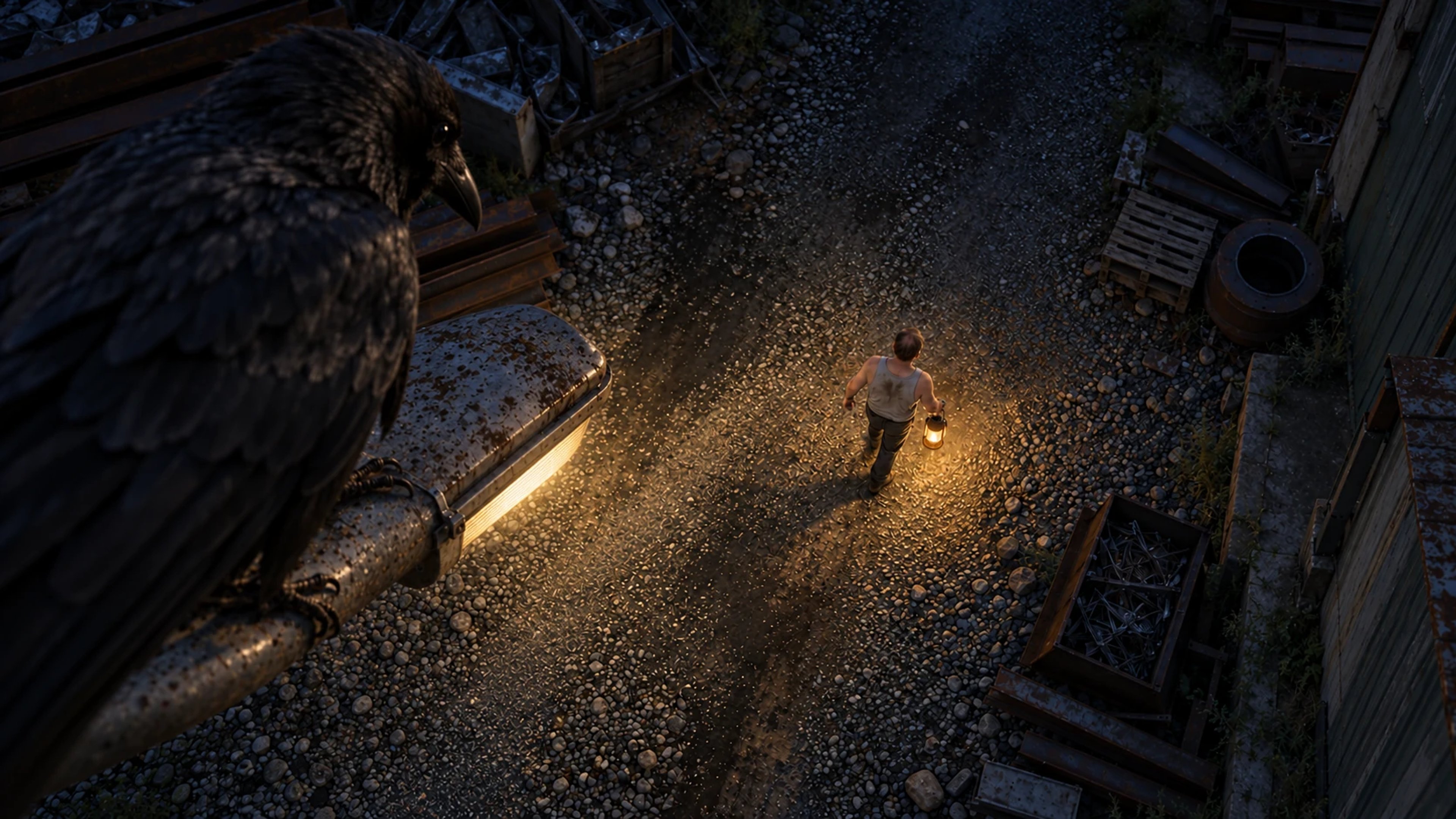A crow fills the near left foreground atop a lit streetlight, watching a man with an oil lantern in the dark gravel lane below.