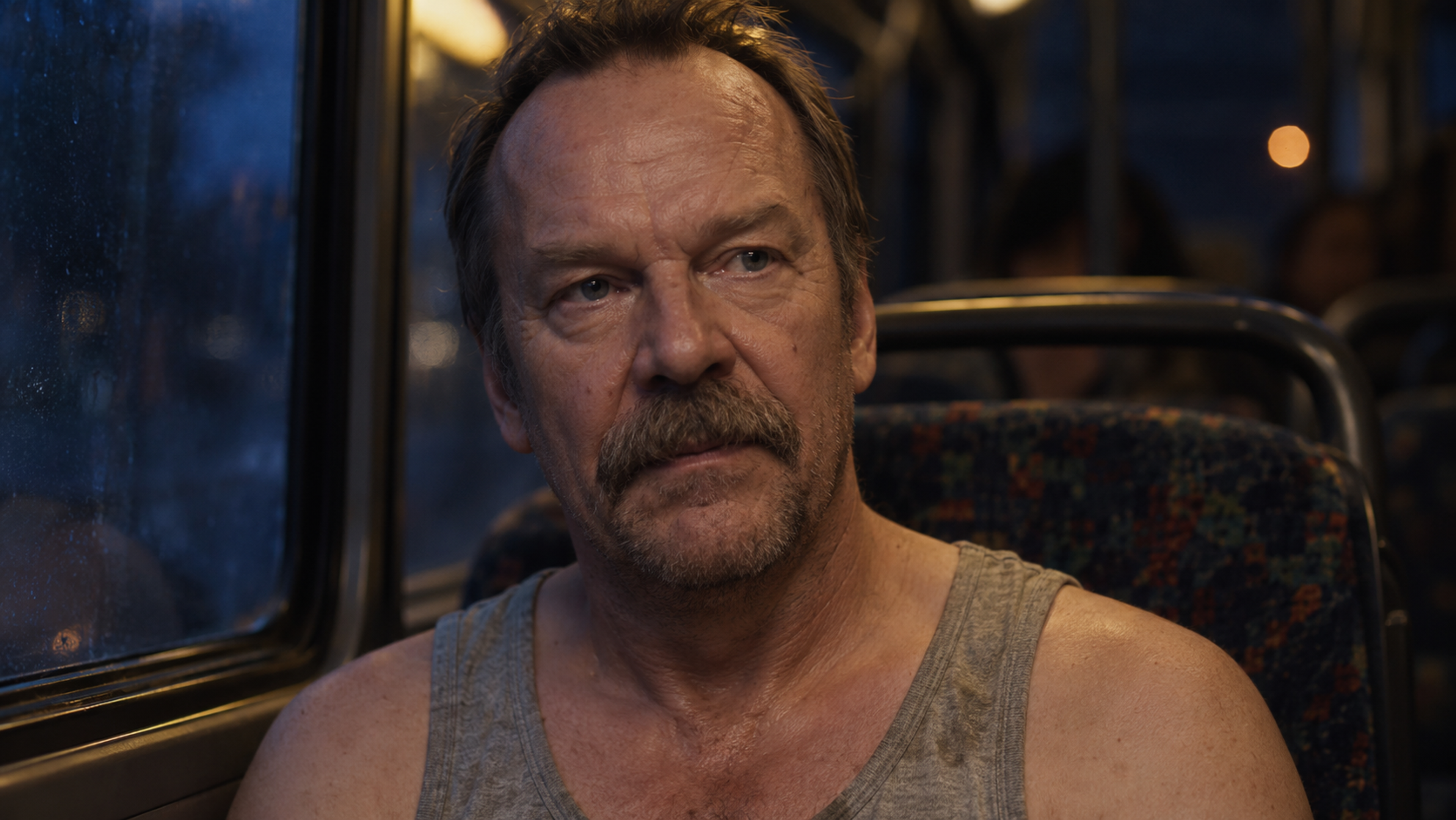 Brutalisti — A tight close-up of a seated bus passenger looking slightly past the camera in warm and blue dusk light. Photographic take 02.