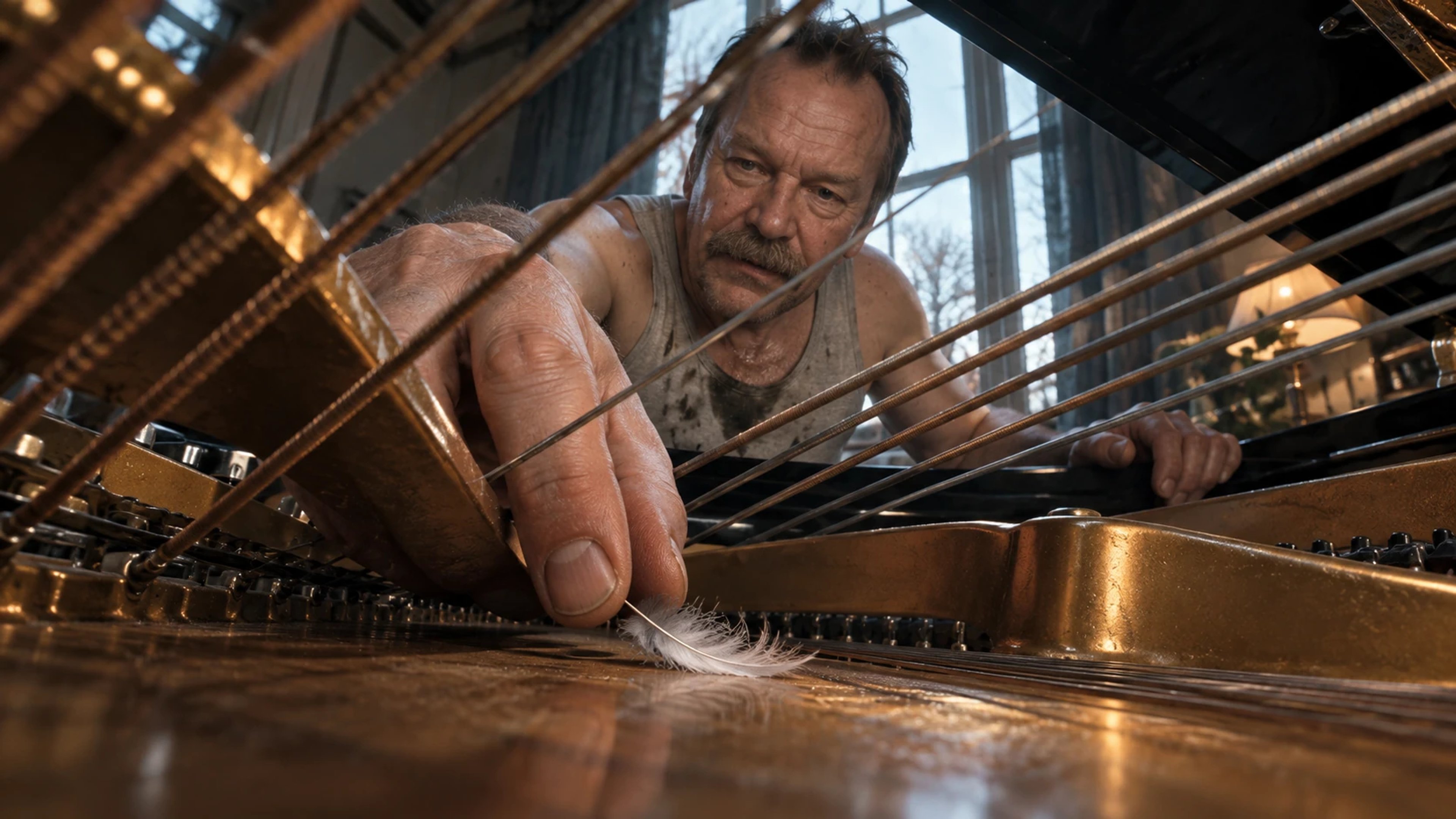 From beneath a grand piano’s strings, a man reaches between the wires for a pale feather on the wooden soundboard.