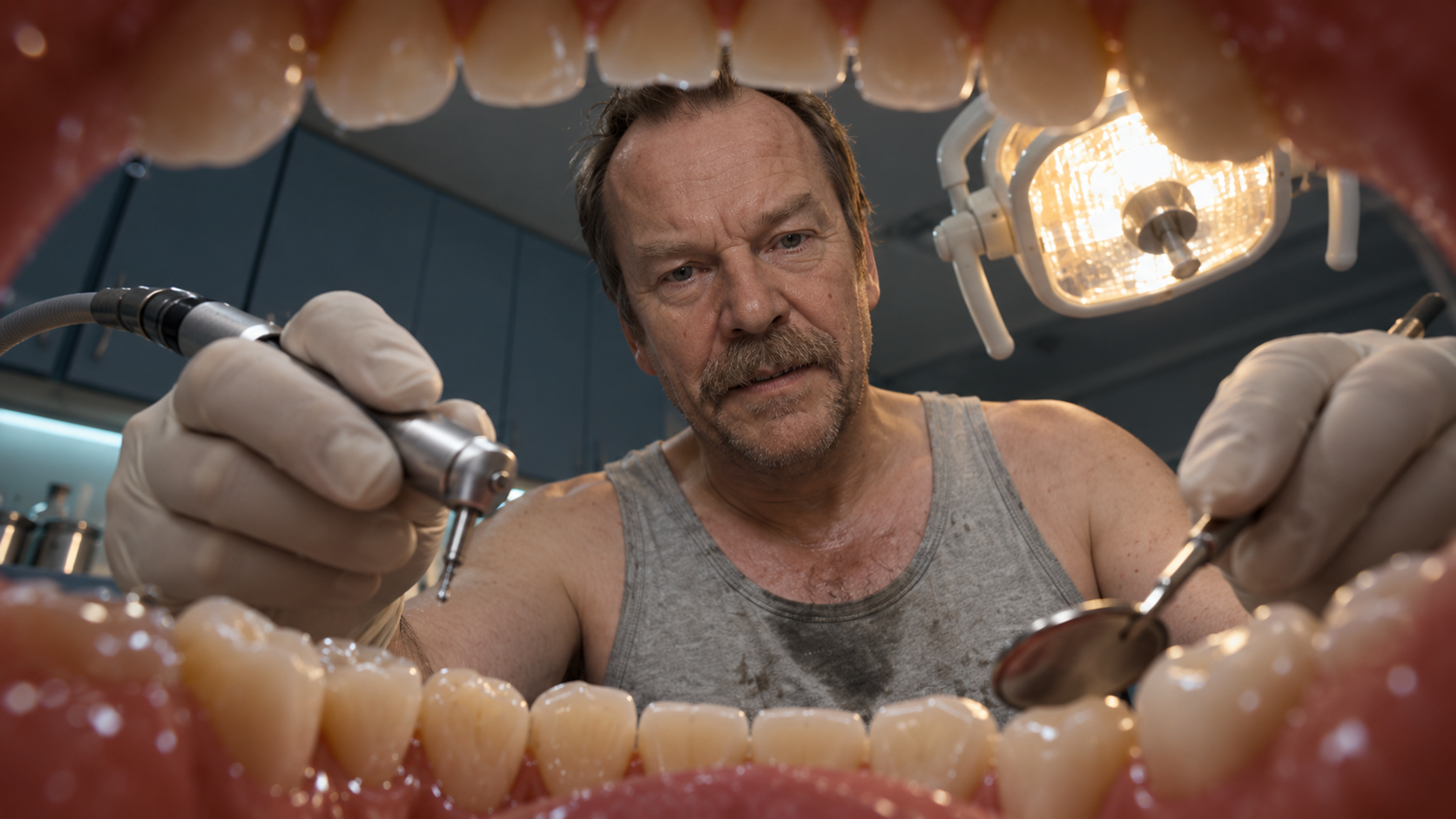 An inside-the-mouth view of Brutalisti holding dental instruments, framed by teeth and lips. Photographic take 02.