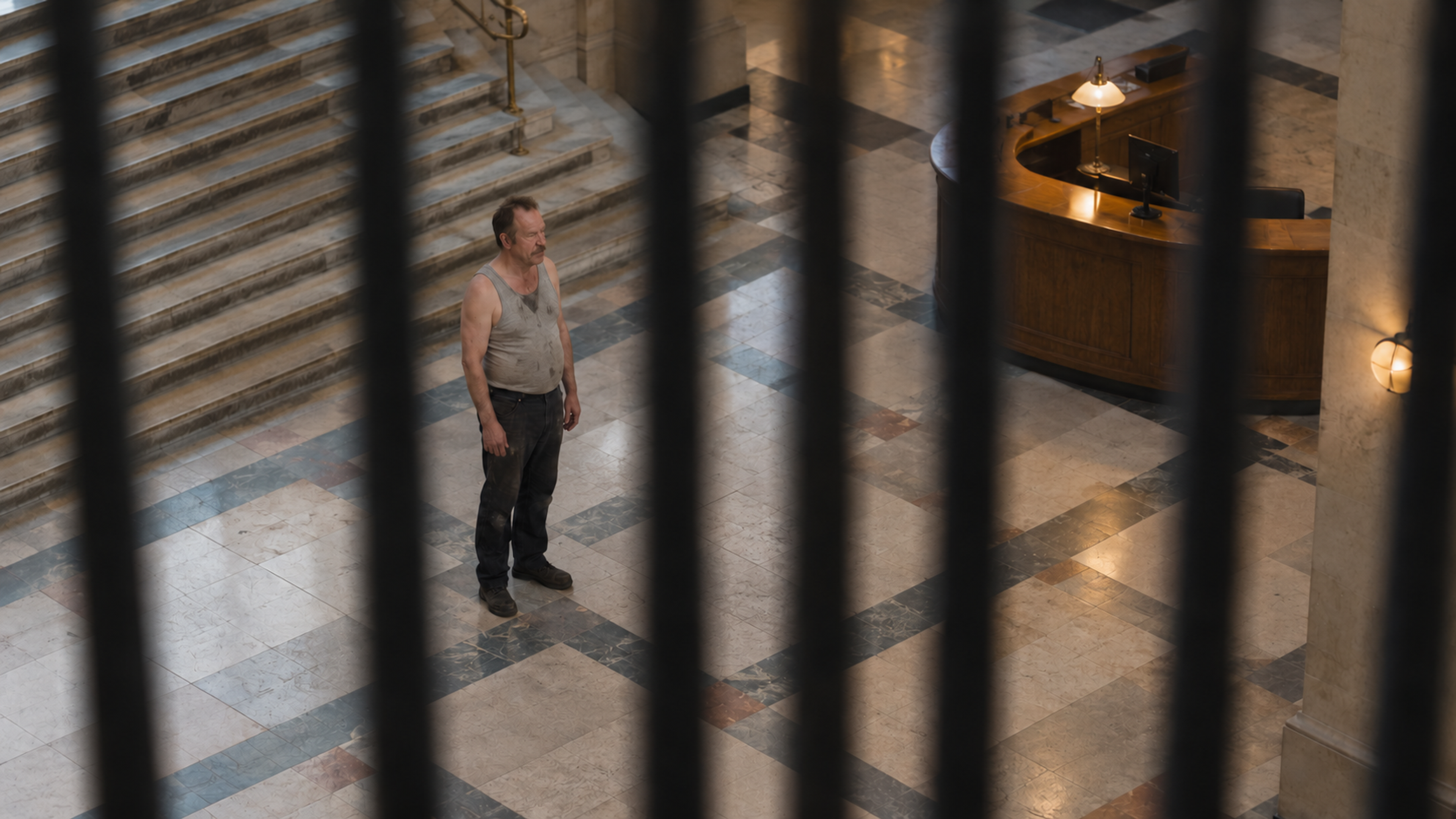 Seen from a mezzanine through blurred railing bars, Brutalisti stands alone on the patterned stone floor of a civic atrium. Photographic take 01.
