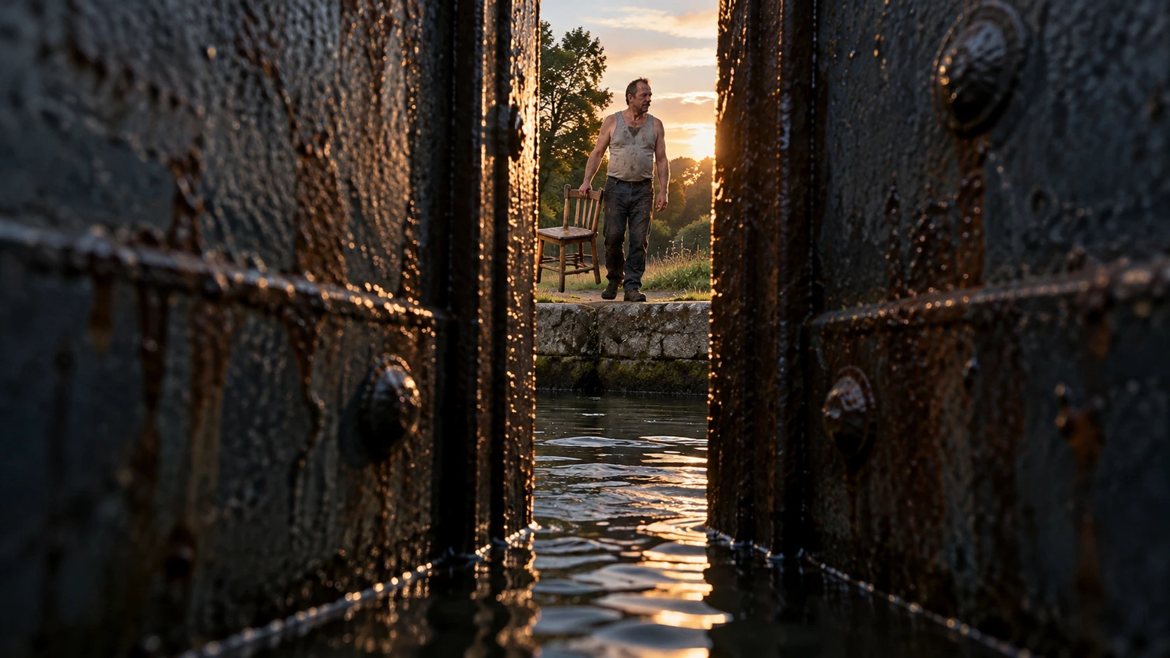 Wet rusted canal gates frame a narrow view of a man carrying a wooden chair on the opposite bank at sunset.