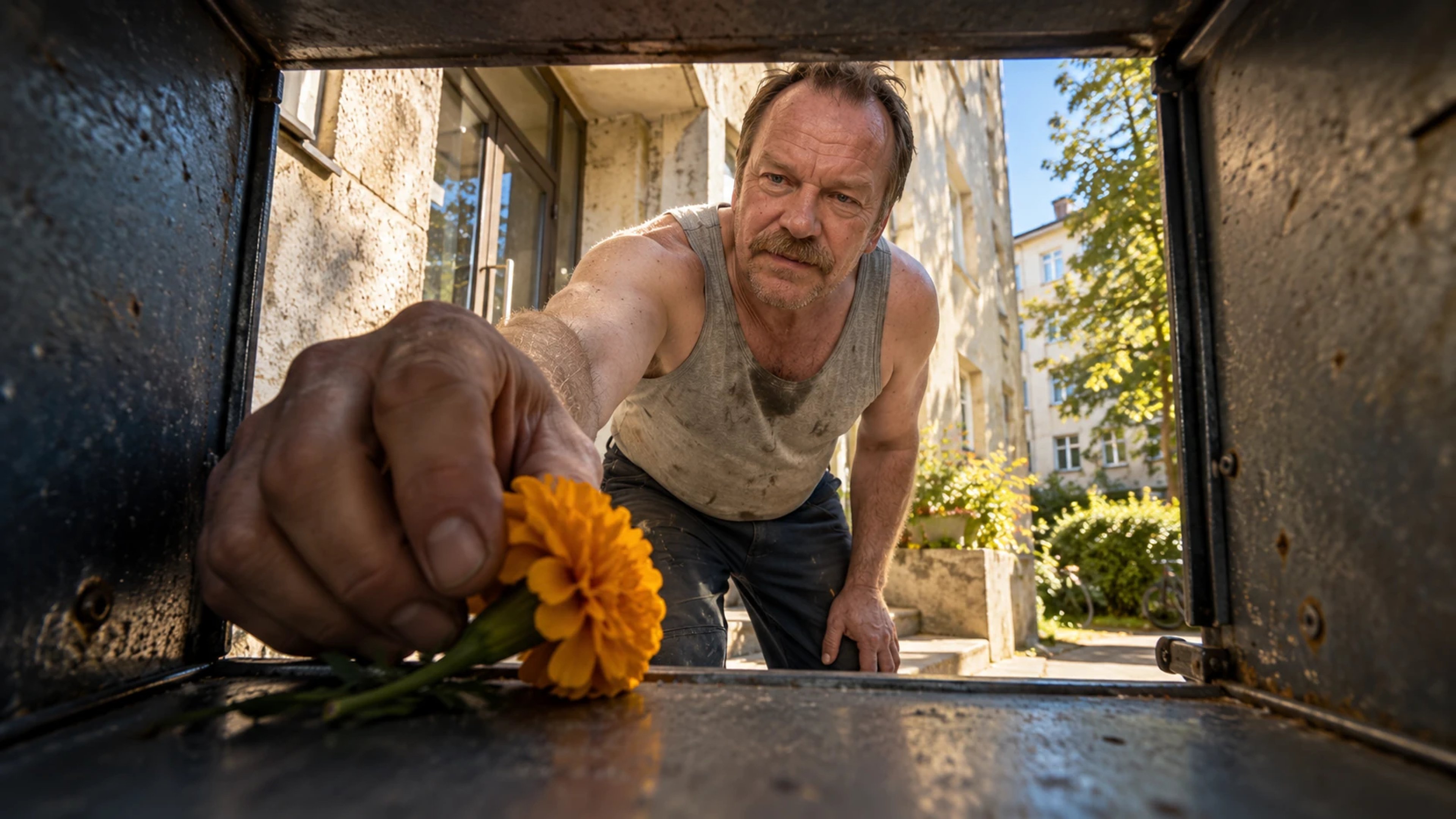 View from inside a dark metal mailbox toward a man reaching for a yellow flower, with a sunlit courtyard behind him.