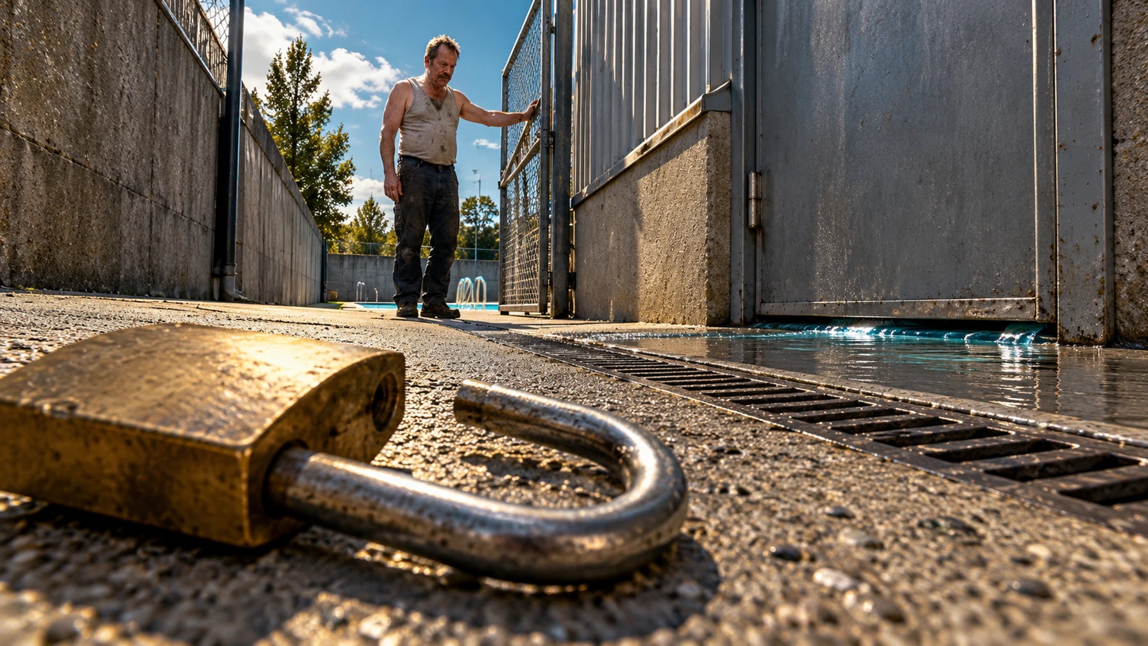 An open brass padlock fills the pavement foreground while a man stands beside a steel gate in a sunlit alley.