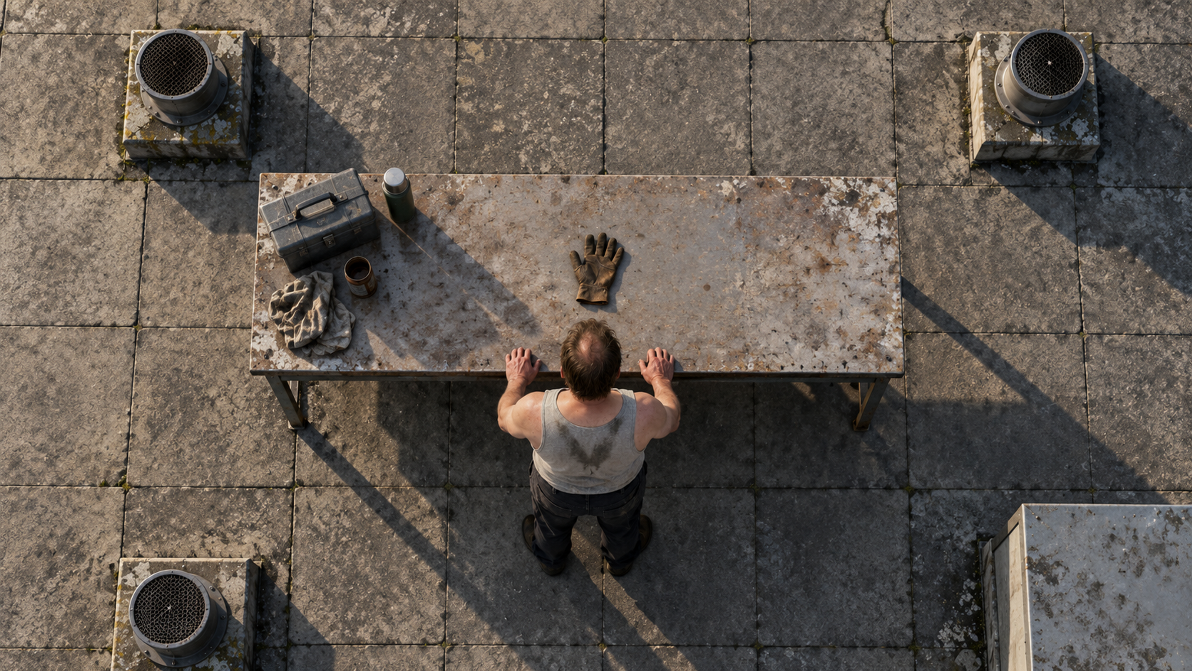 Brutalisti — A directly overhead view of a person beside a rooftop table with a single leather glove. Photographic take 01.