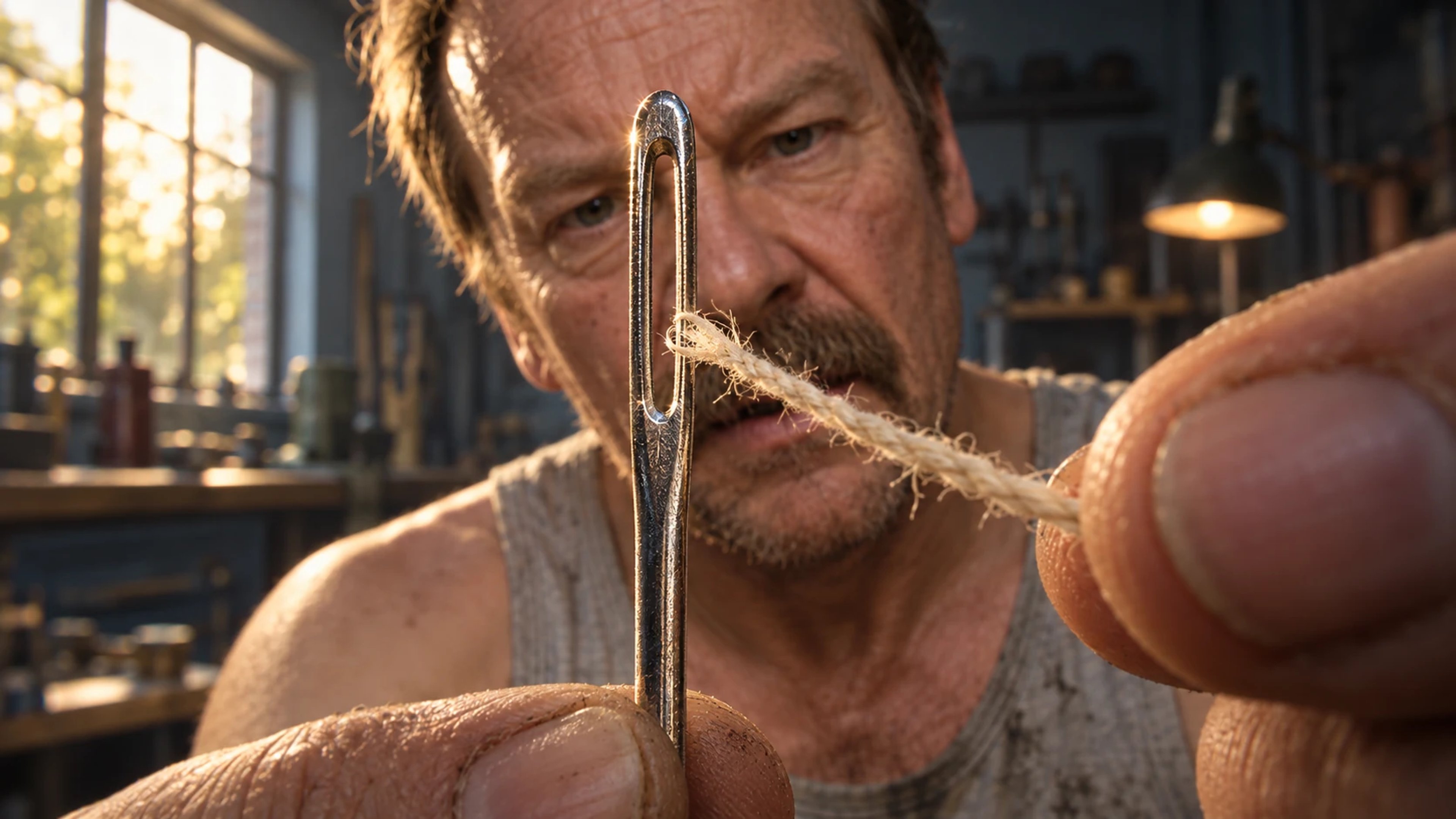 A man guides beige thread toward the long vertical eye of an upright sewing needle, seen extremely close in a workshop.