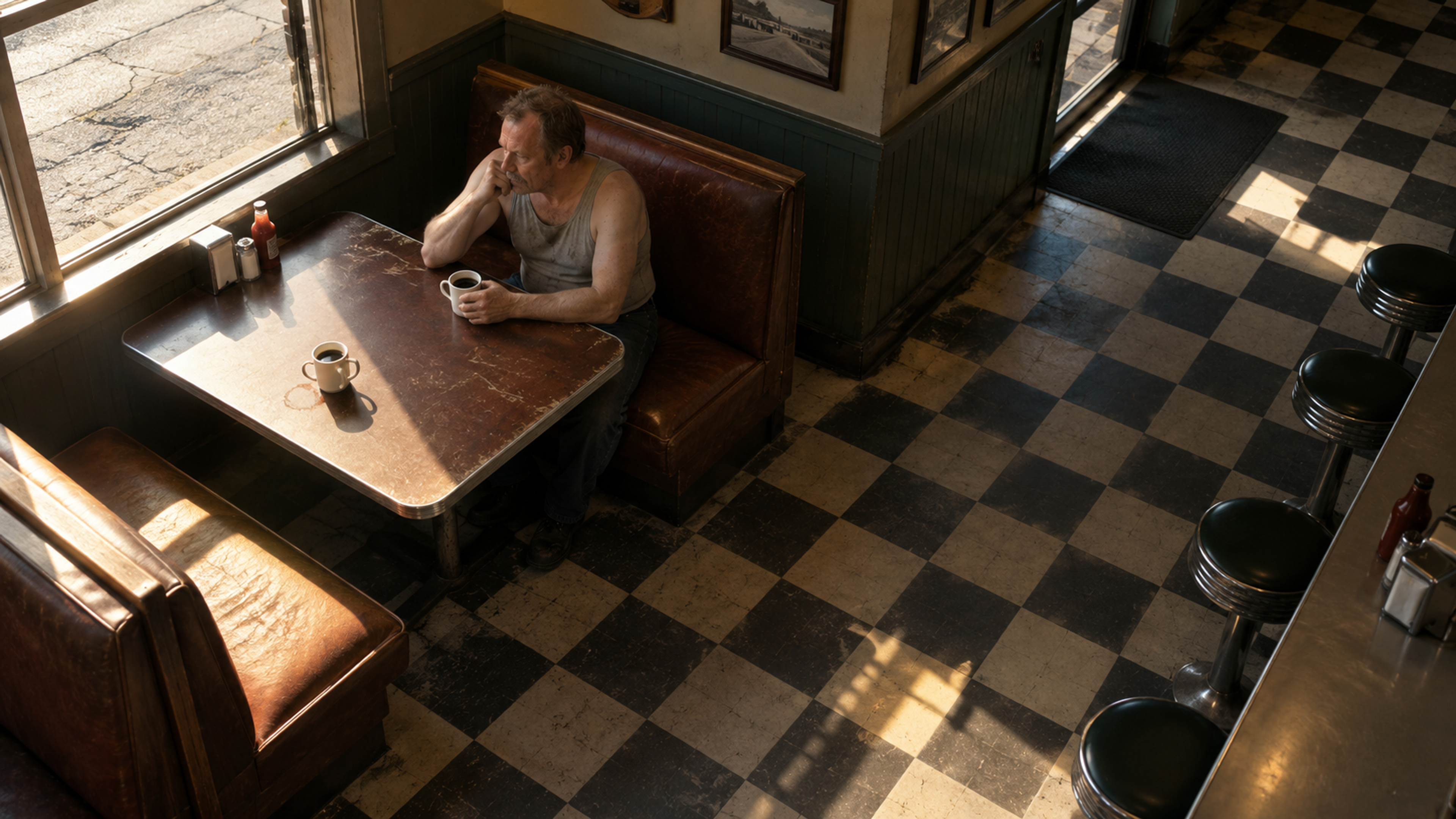 Brutalisti — A high view of a lone person in a diner booth with a second coffee cup opposite them. Photographic take 01.