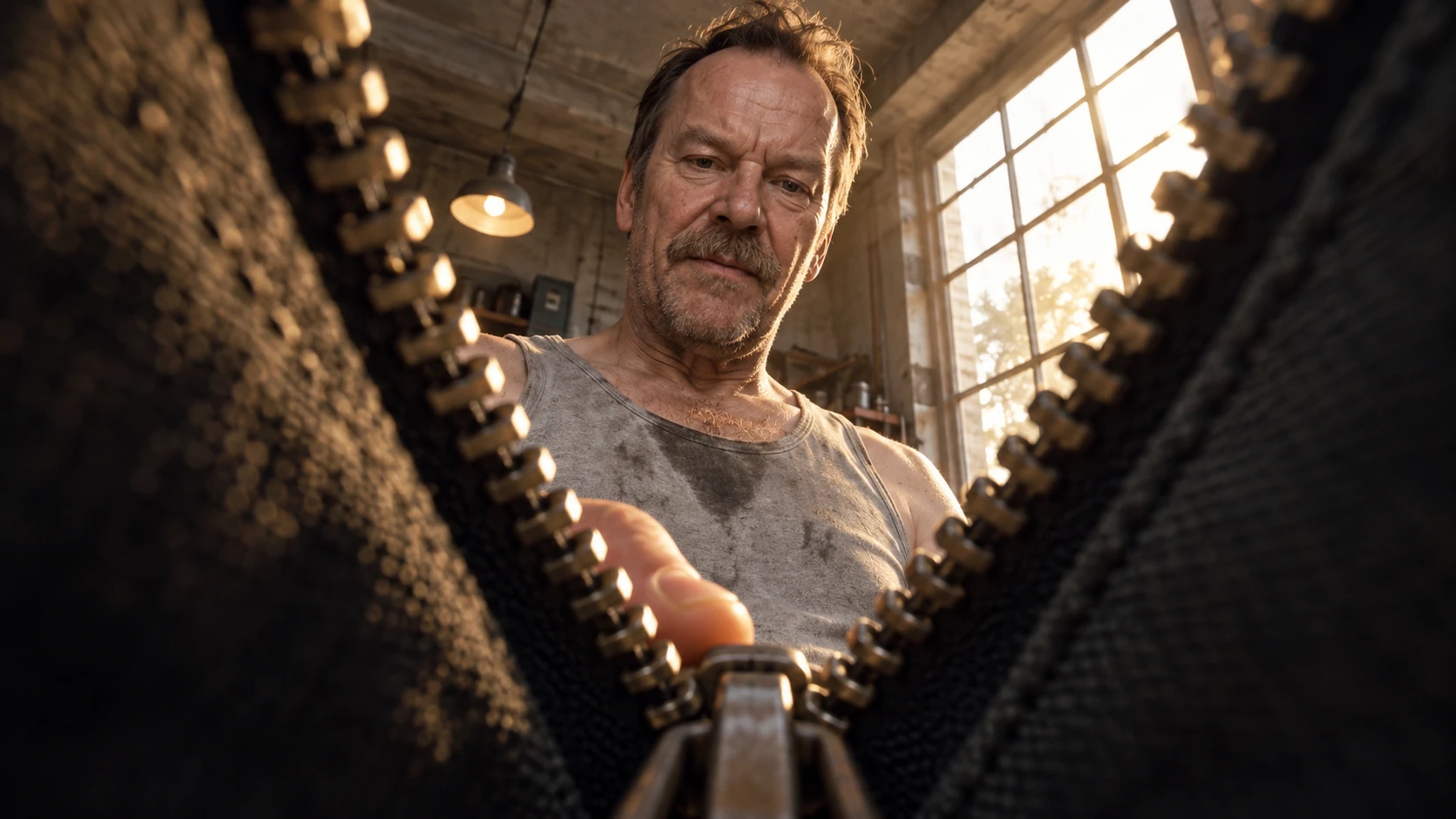 A man looks down through an open zipper, with large steel teeth and dark canvas framing his face in a sunlit workshop.