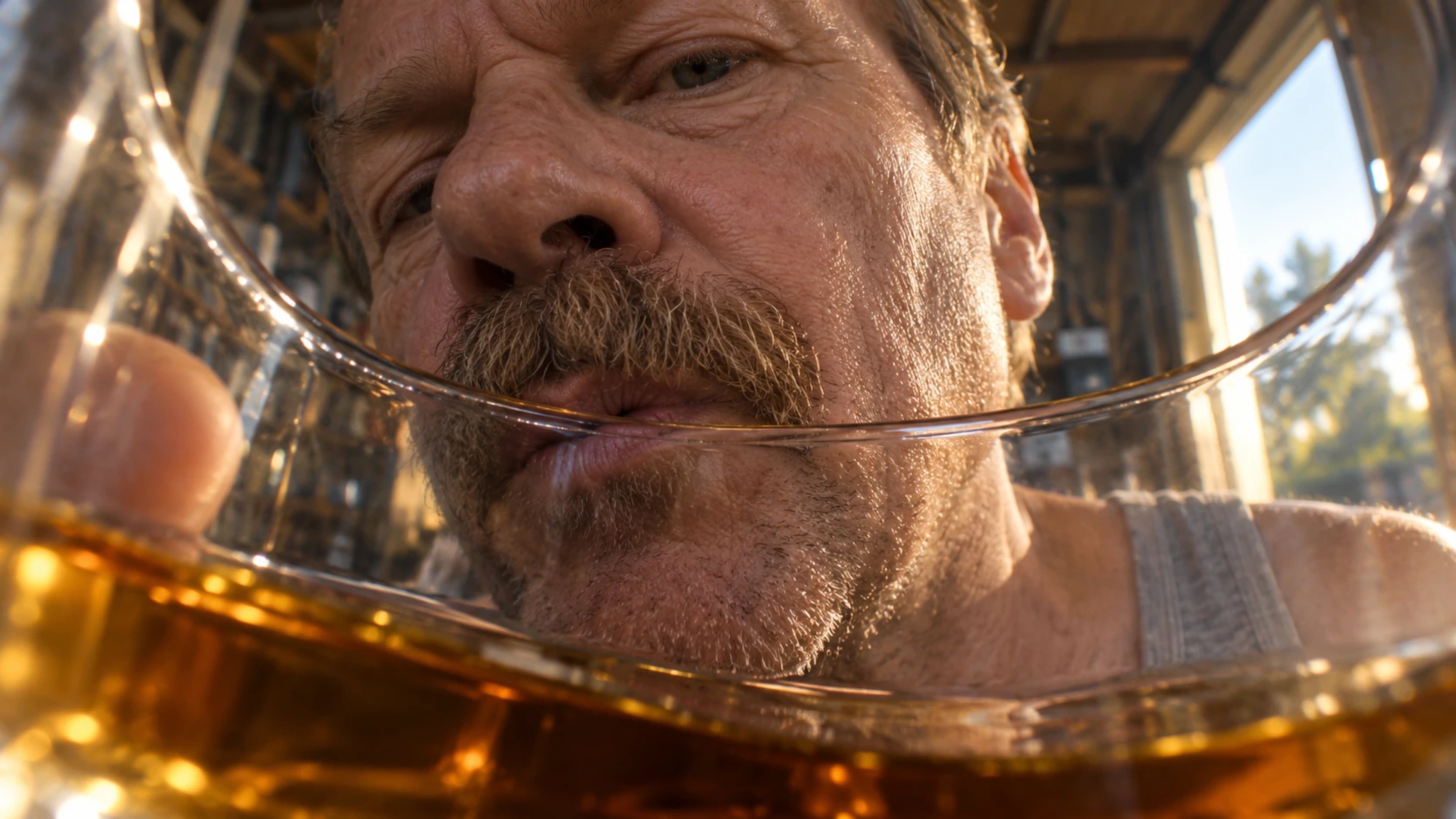 Extreme close view from inside a whisky tumbler as a moustached man touches the rim with his lips; amber liquid lies below.