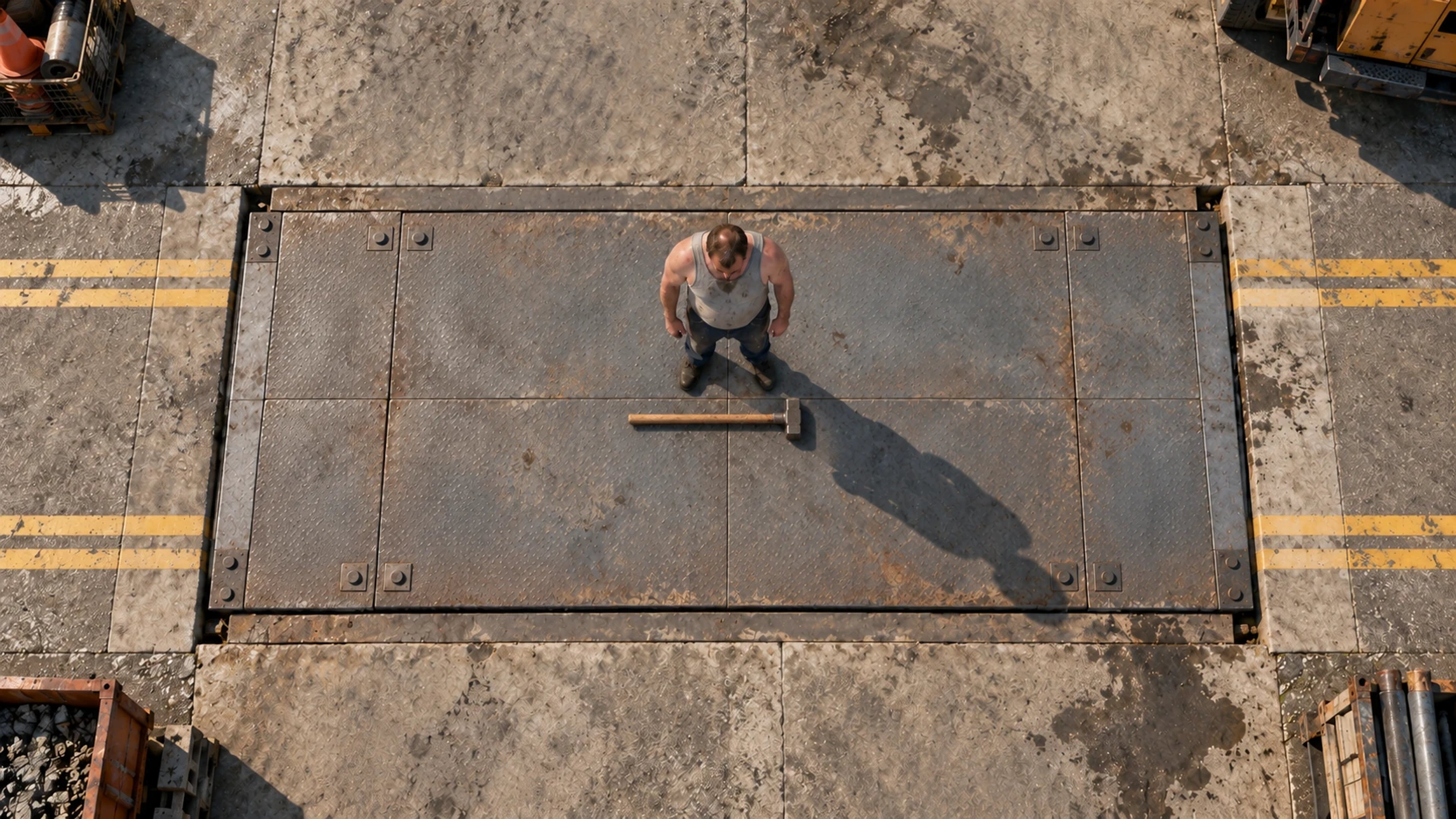 Direct overhead view of a man and a sledgehammer on a rectangular steel weighbridge, with a long diagonal shadow.