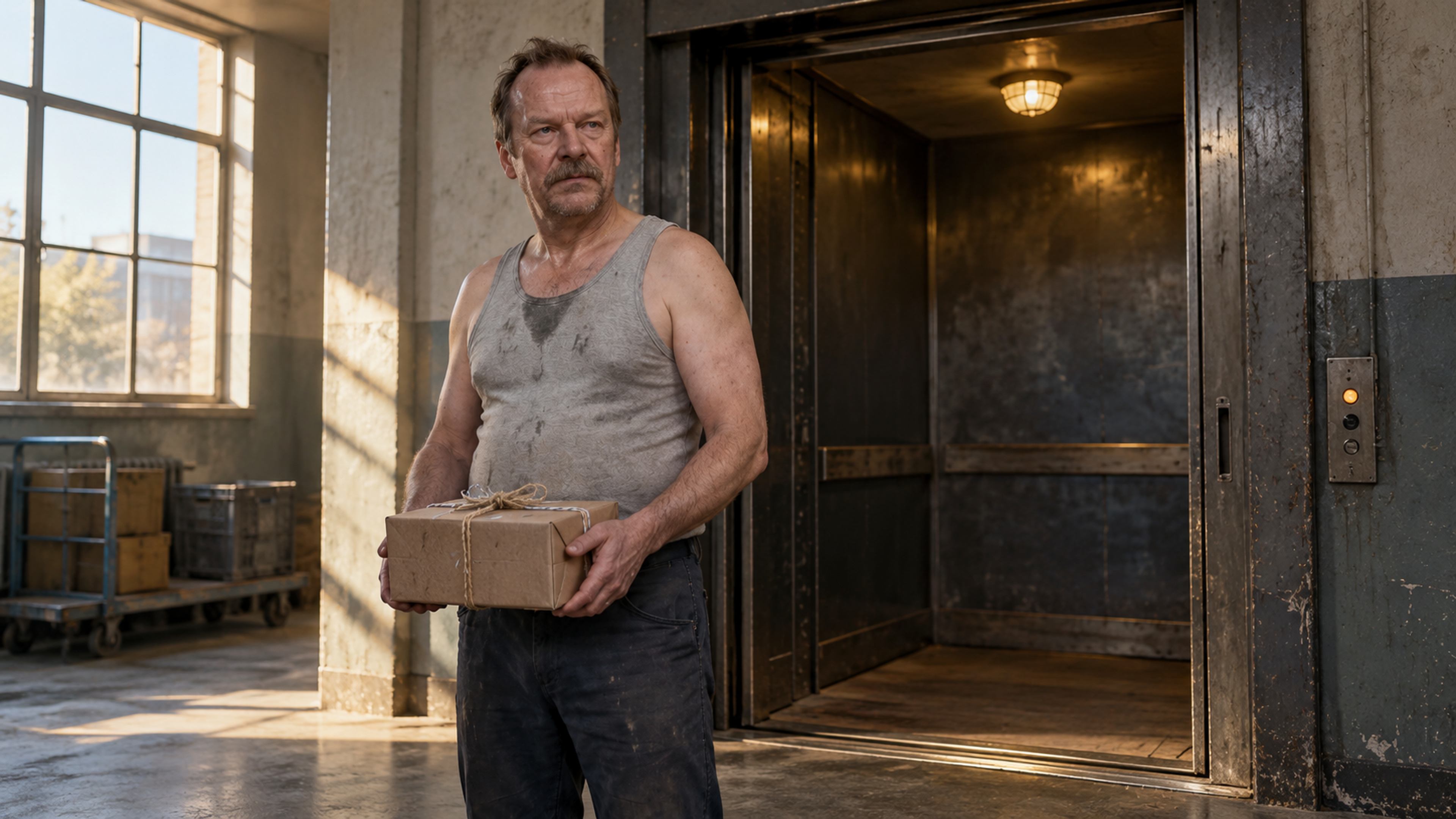 Brutalisti — A person holds a parcel tied with two kinds of string outside an open freight elevator. Photographic take 01.
