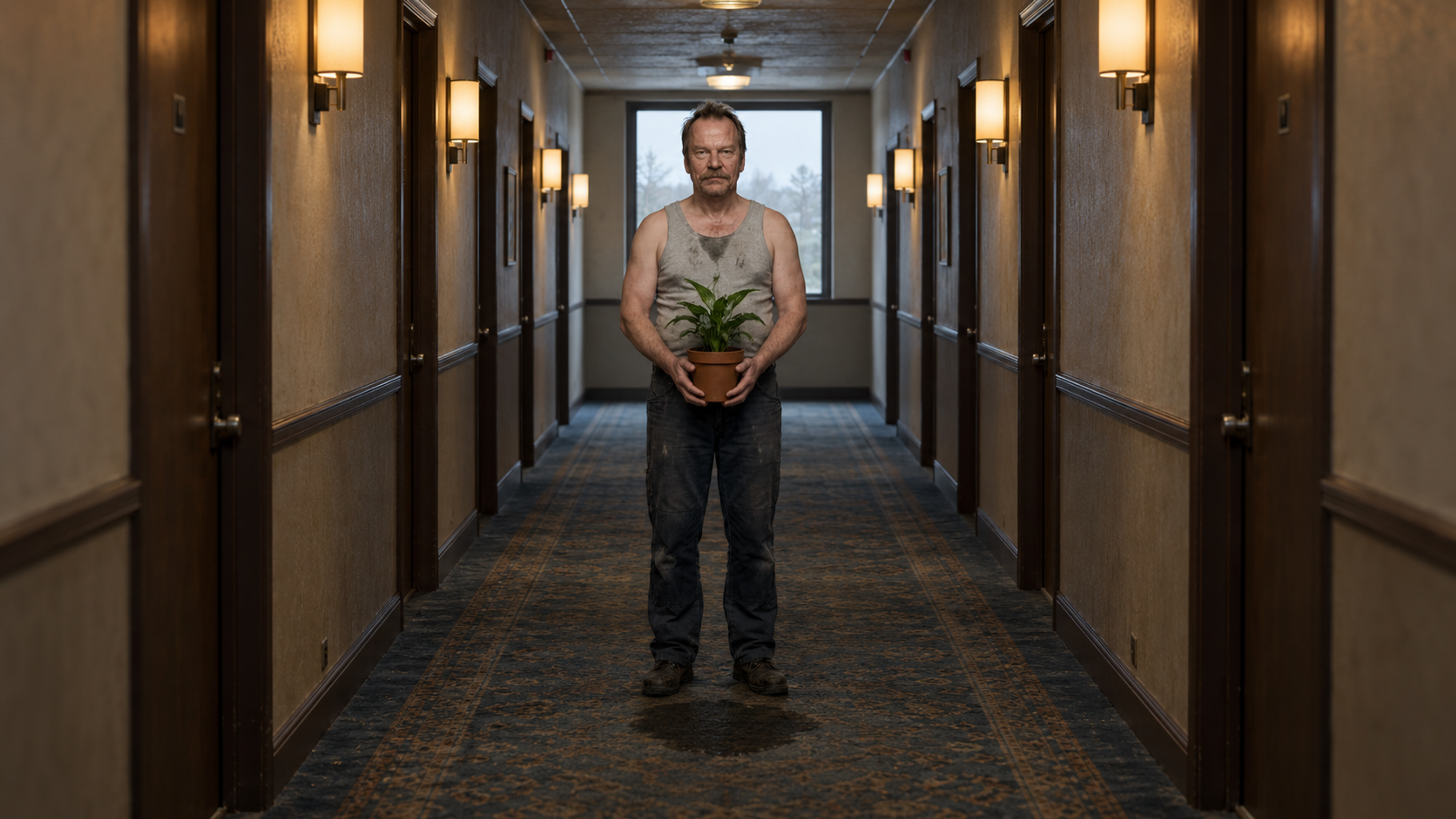 Brutalisti — A person holds a potted green plant at the center of a symmetrical motel corridor. Photographic take 01.