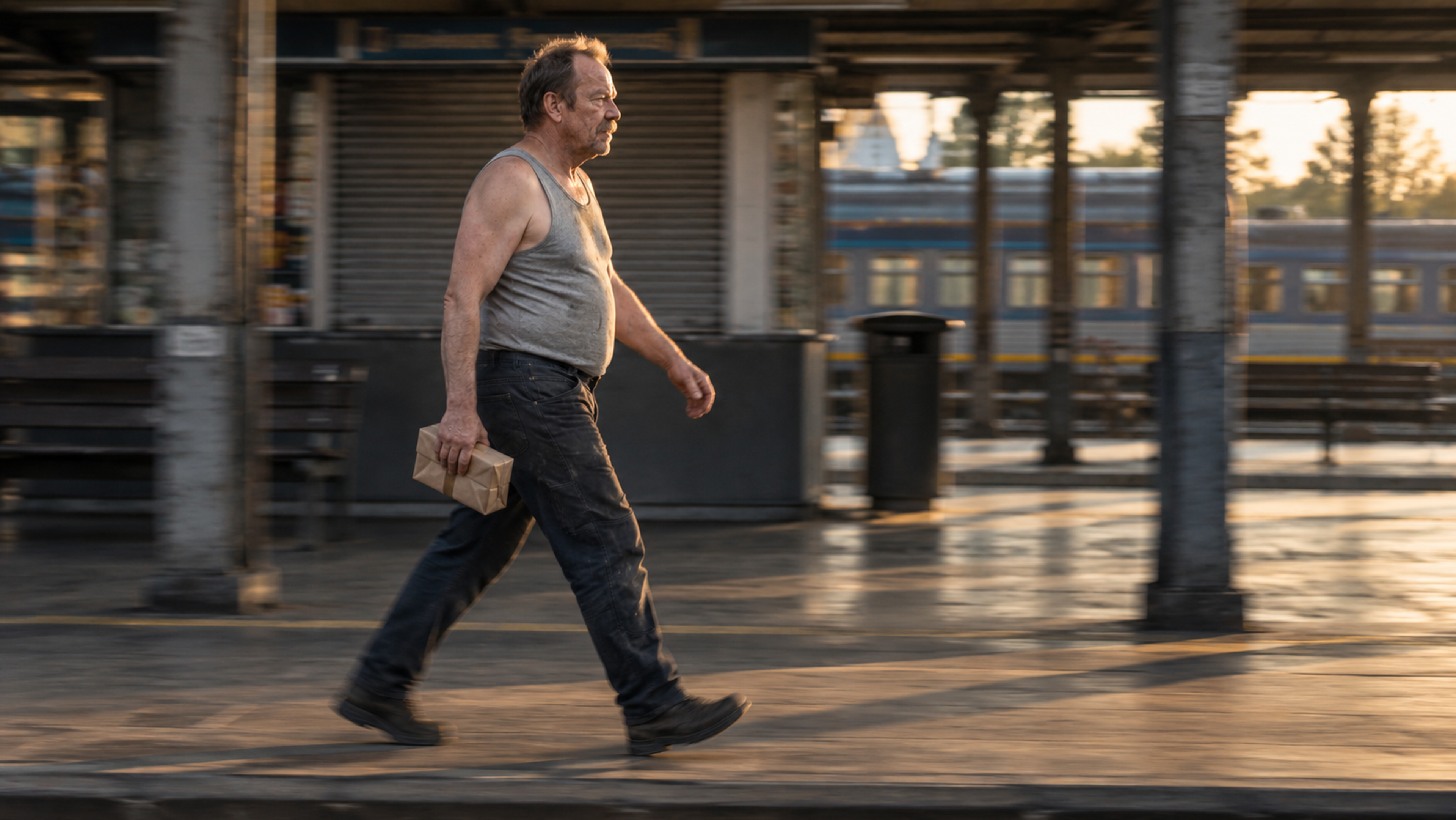 Brutalisti — A person carrying a parcel walks across a railway platform, held relatively sharp against horizontal panning blur. Photographic take 01.