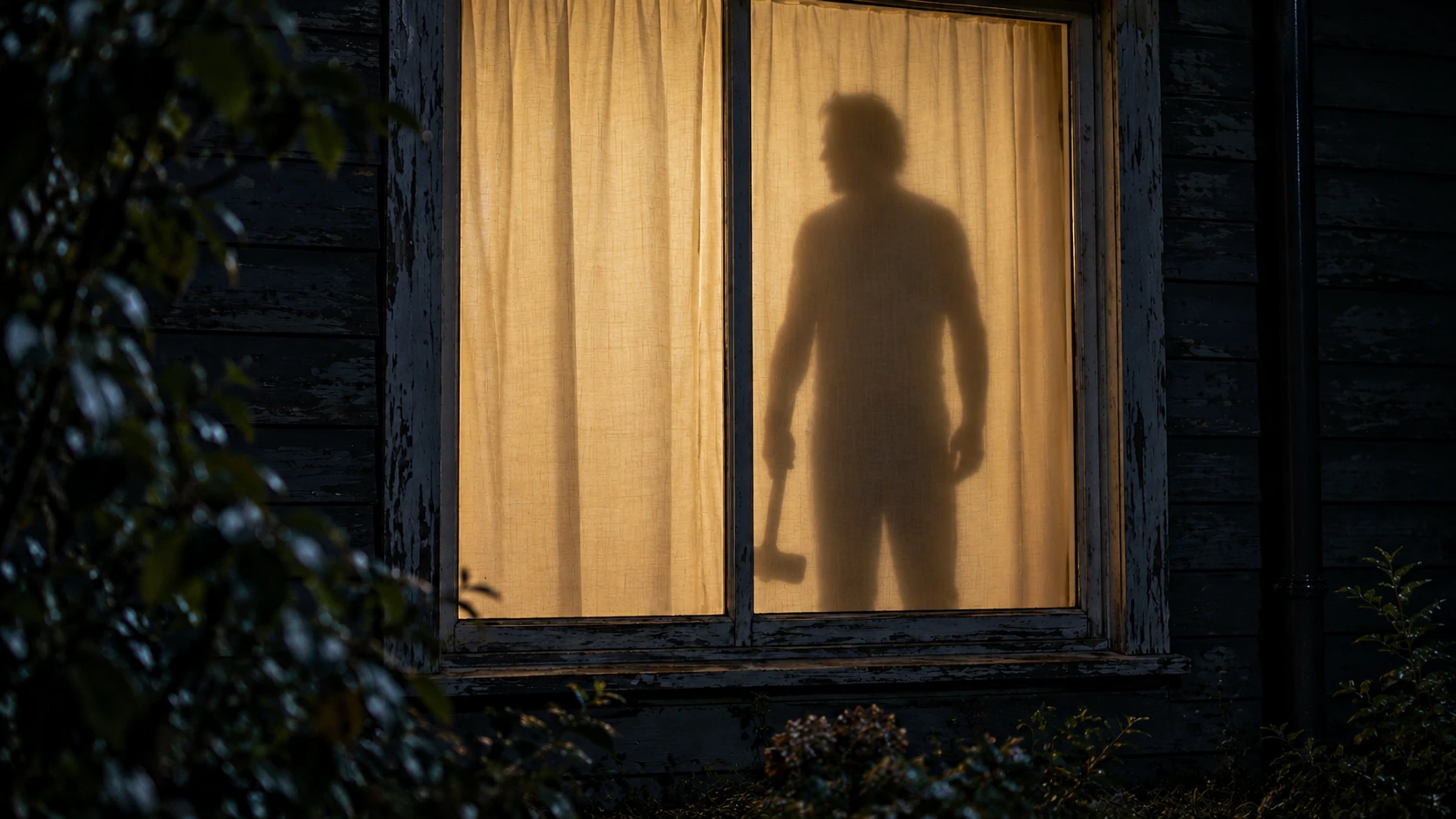A soft human shadow holding a lowered sledgehammer appears on a warmly lit closed curtain, seen from a dark garden.