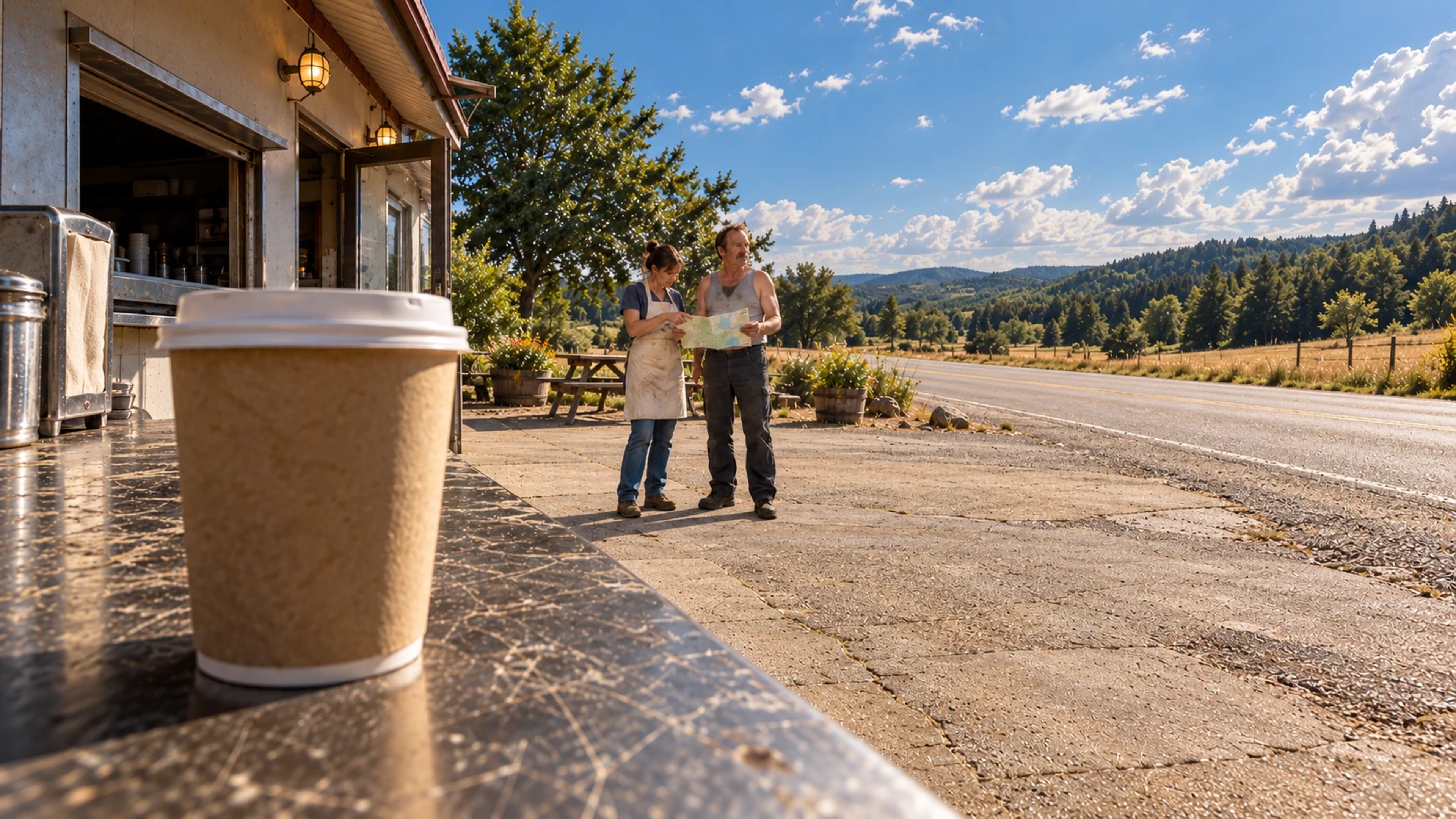 A paper coffee cup dominates the foreground counter while two people study a map beside a roadside cafe.