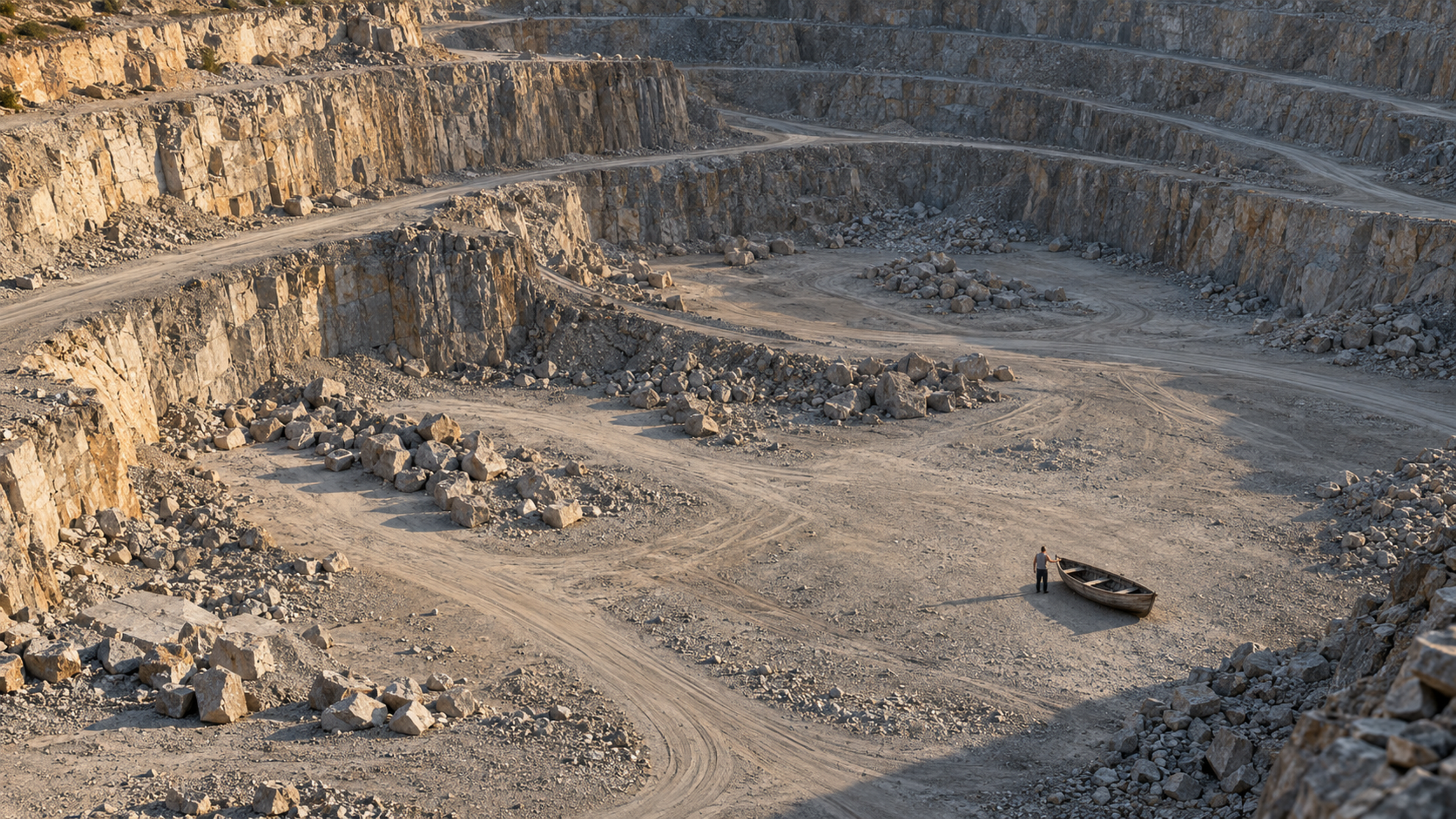 Brutalisti — An expansive stone quarry contains a tiny person beside a wooden rowboat on dry gravel. Photographic take 01.