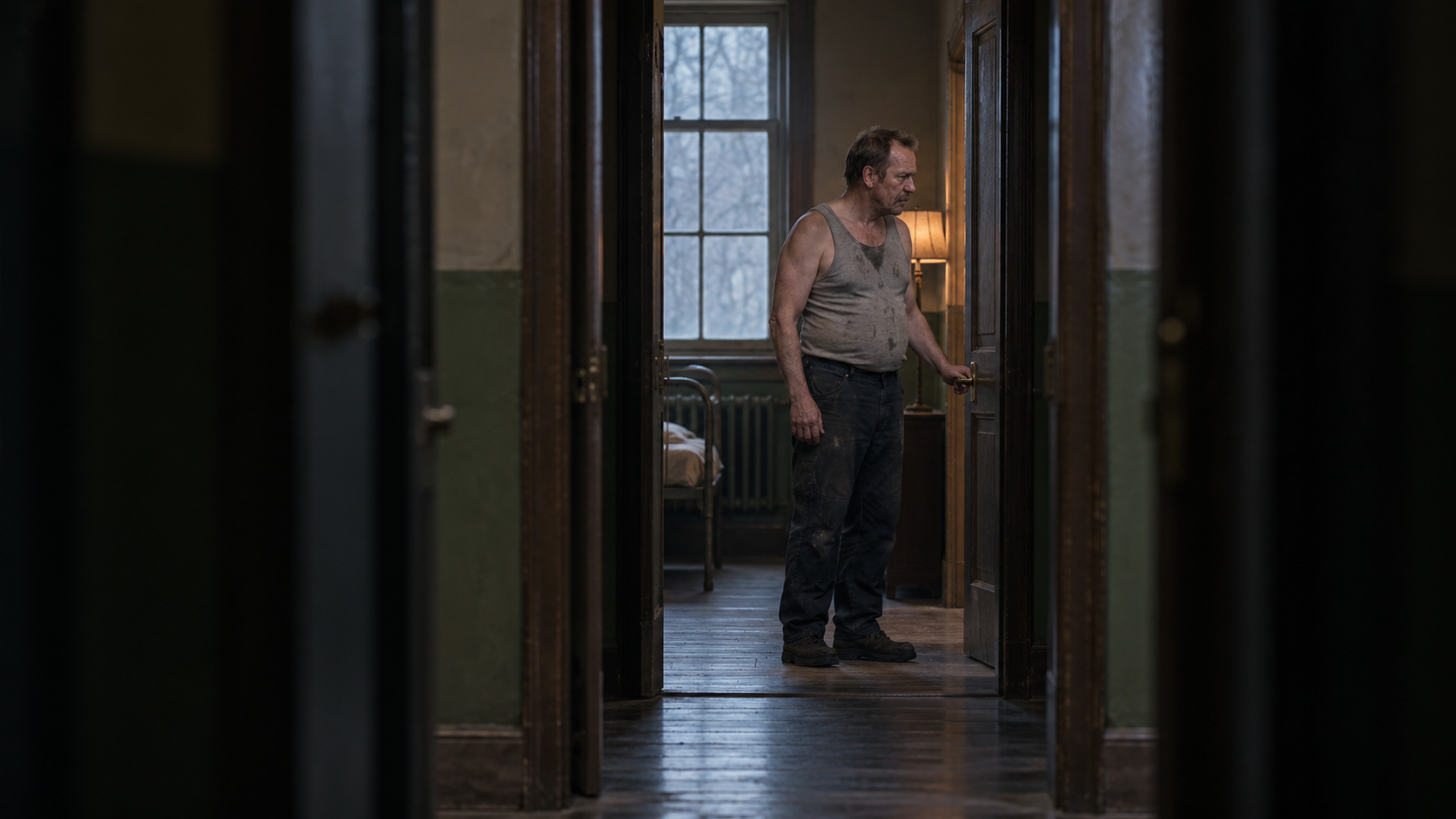 A distant view of Brutalisti resting a hand on a ward door lever through successive asylum doorways. Photographic take 02.
